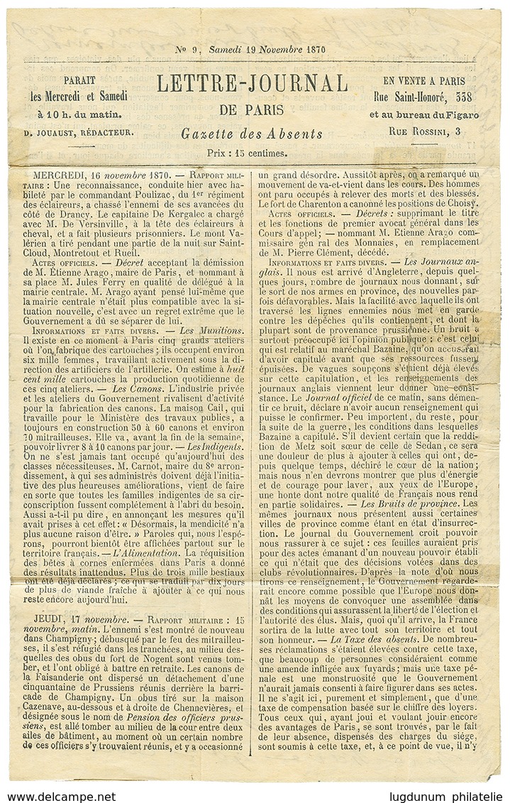 10c(n°21) + 20c(n°22) Obl. ETOILE + PARIS 19 Nov 70 Sur Lettre (qqles Tâches) PAR BALLON MONTE GAZETTE DES ABSENTS N°9 P - Autres & Non Classés