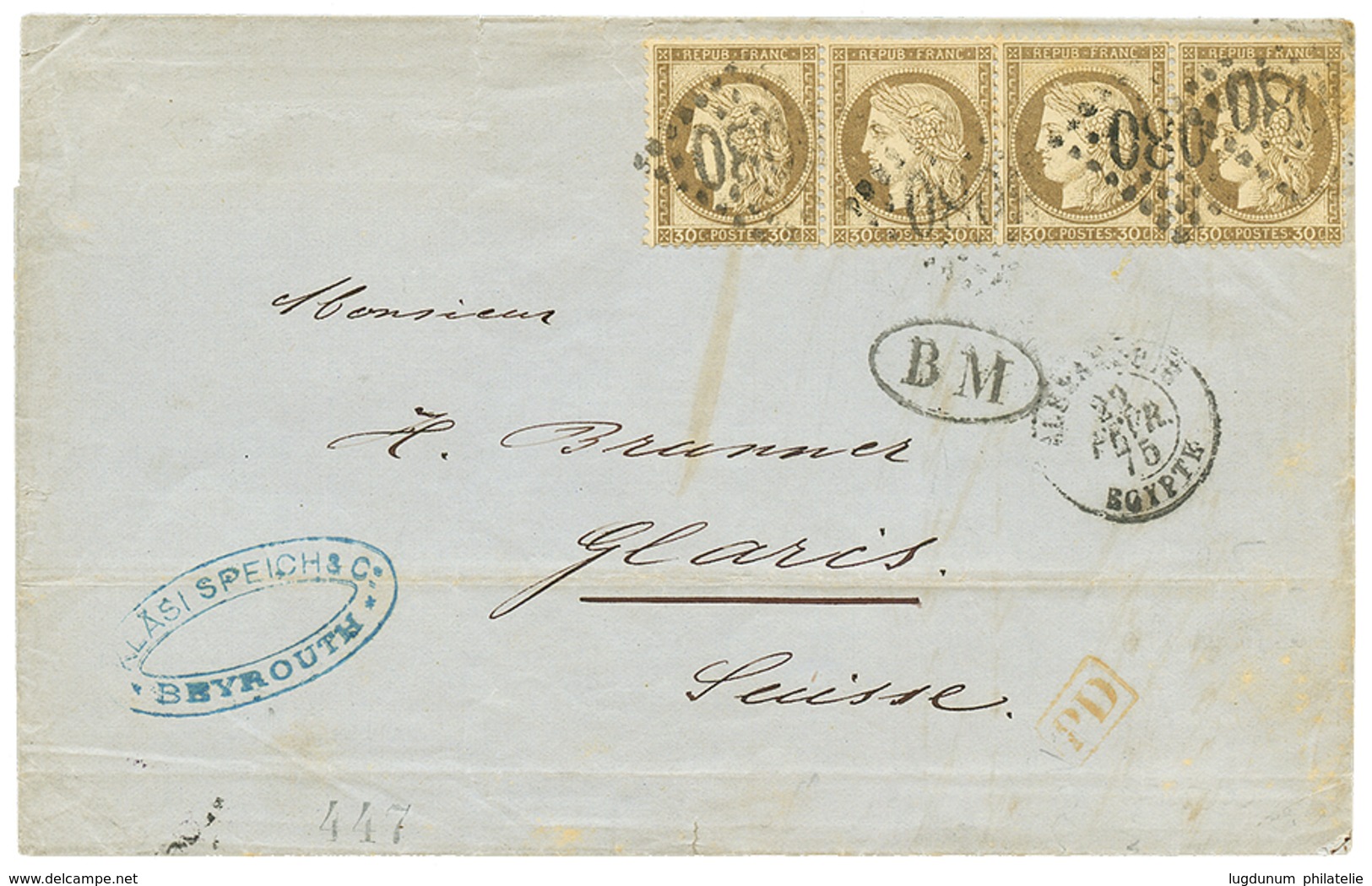 "BOITE MOBILE De BEYROUTH" : 1875 Bande De 4 Du 30c CERES Obl. GC 5080 + ALEXANDRIE EGYPTE + B.M Sur Lettre De BEYROUTH  - Autres & Non Classés