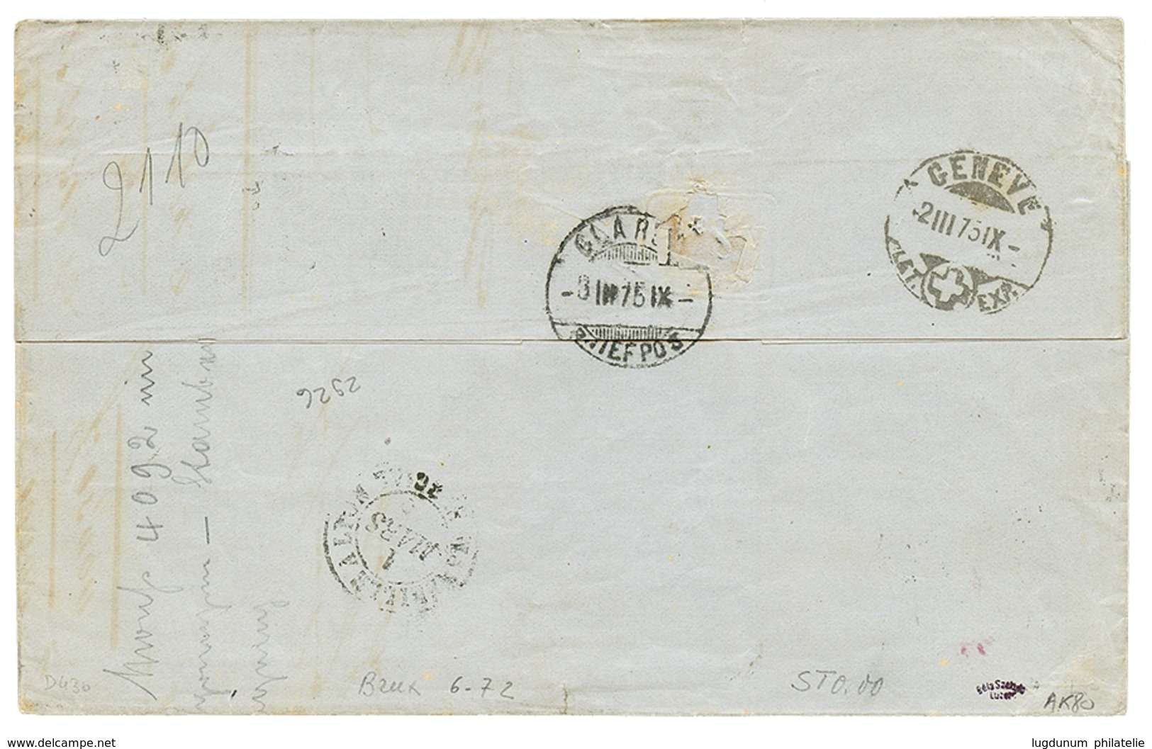 "BOITE MOBILE De BEYROUTH" : 1875 Bande De 4 Du 30c CERES Obl. GC 5080 + ALEXANDRIE EGYPTE + B.M Sur Lettre De BEYROUTH  - Autres & Non Classés