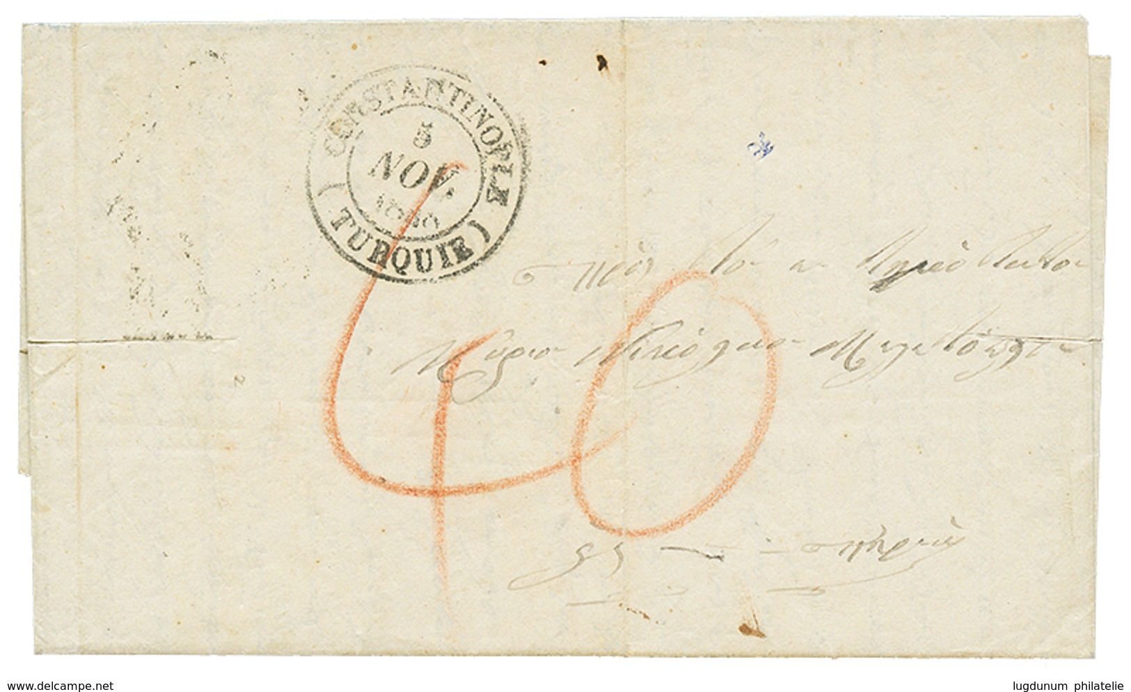 1838 Grand Cachet CONSTANTINOPLE TURQUIE + Taxe 40 Sur Lettre PURIFIEE Avec Texte Pour La GRECE. TTB. - Otros & Sin Clasificación