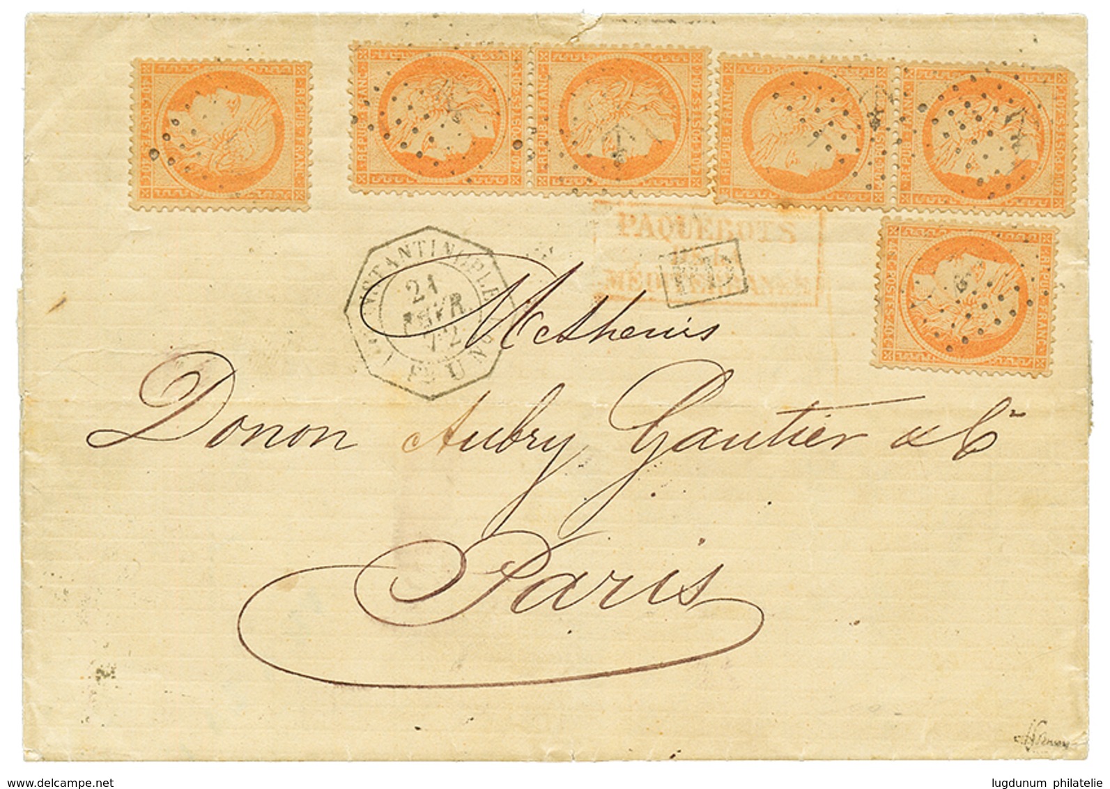 1872 40c SIEGE(n°38)x6 Obl. ANCRE + CONSTANTINOPLE PAQ FR. U N°1 Sur Lettre Pour PARIS. Double Port à 2F40. Signé J.F BR - Autres & Non Classés