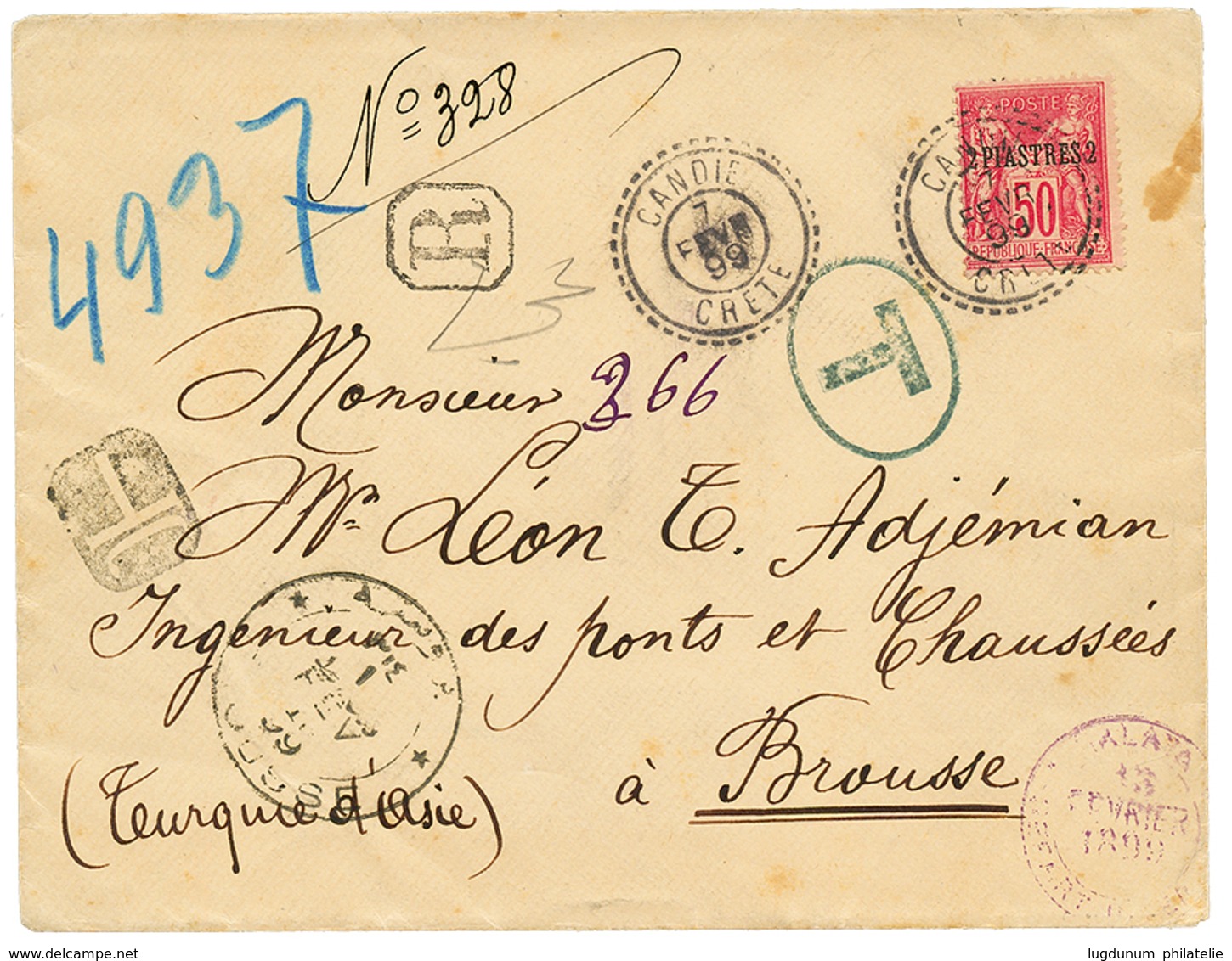 "CANDIA" : 1899 LEVANT 2P S/ 50c Obl. CANDIE CRETE + Cachets Taxes TURCS Sur Enveloppe RECOMMANDEE Pour BROUSSE. RARE. S - Andere & Zonder Classificatie