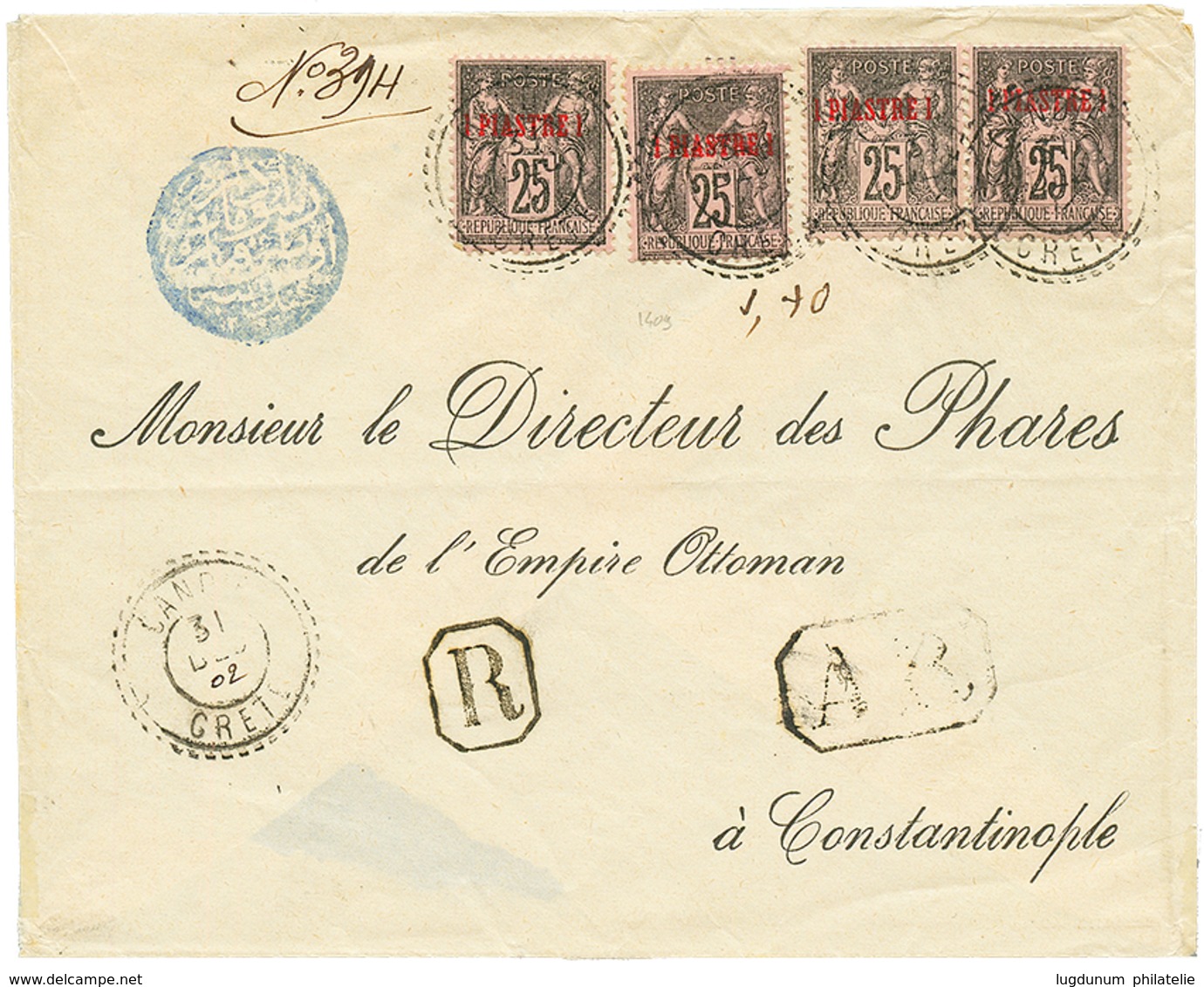 1902 LEVANT 1P S/ 25c(x4) Obl. CANDIE CRETE + Cachet Négatif TURC Sur Env. RECOM. + A.R Pour CONSTANTINOPLE. RARE. TB. - Autres & Non Classés