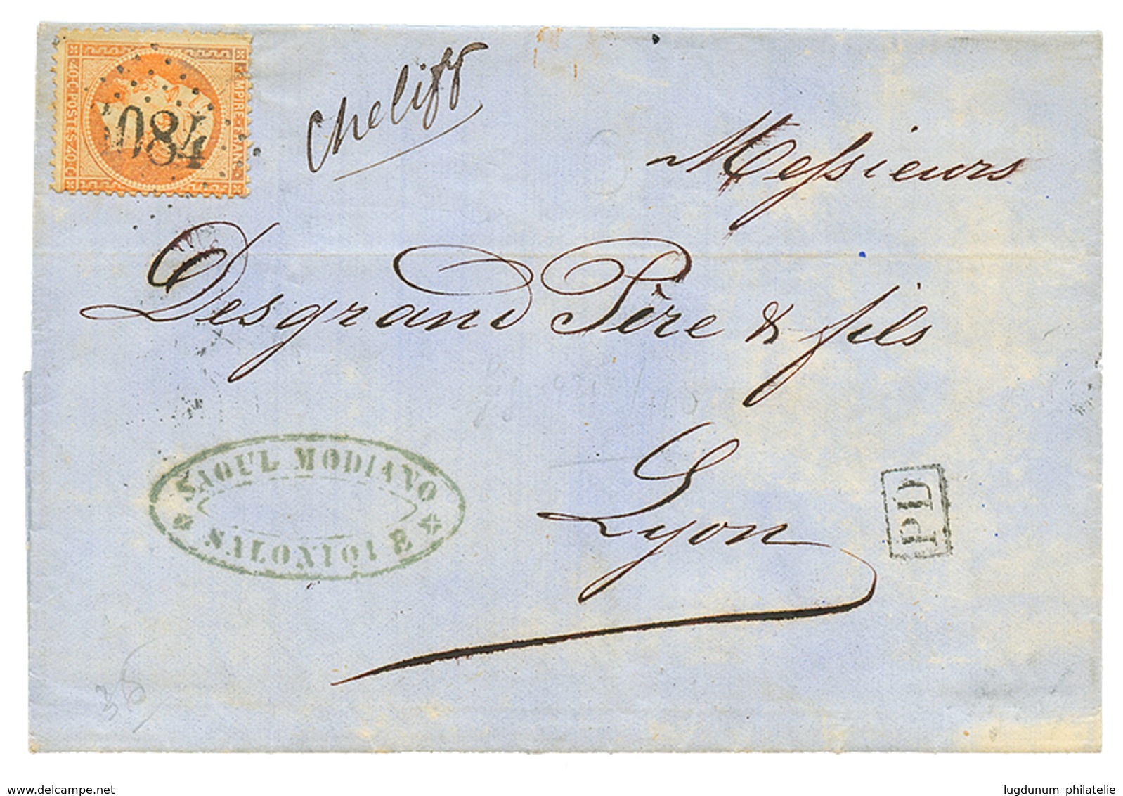 1867 40c Obl. GC 5084 + Marque Manuscrite "CHELIFF" Sur Lettre Avec Texte De SALONIQUE Pour LYON. Verso, DARDANELLES TUR - Andere & Zonder Classificatie