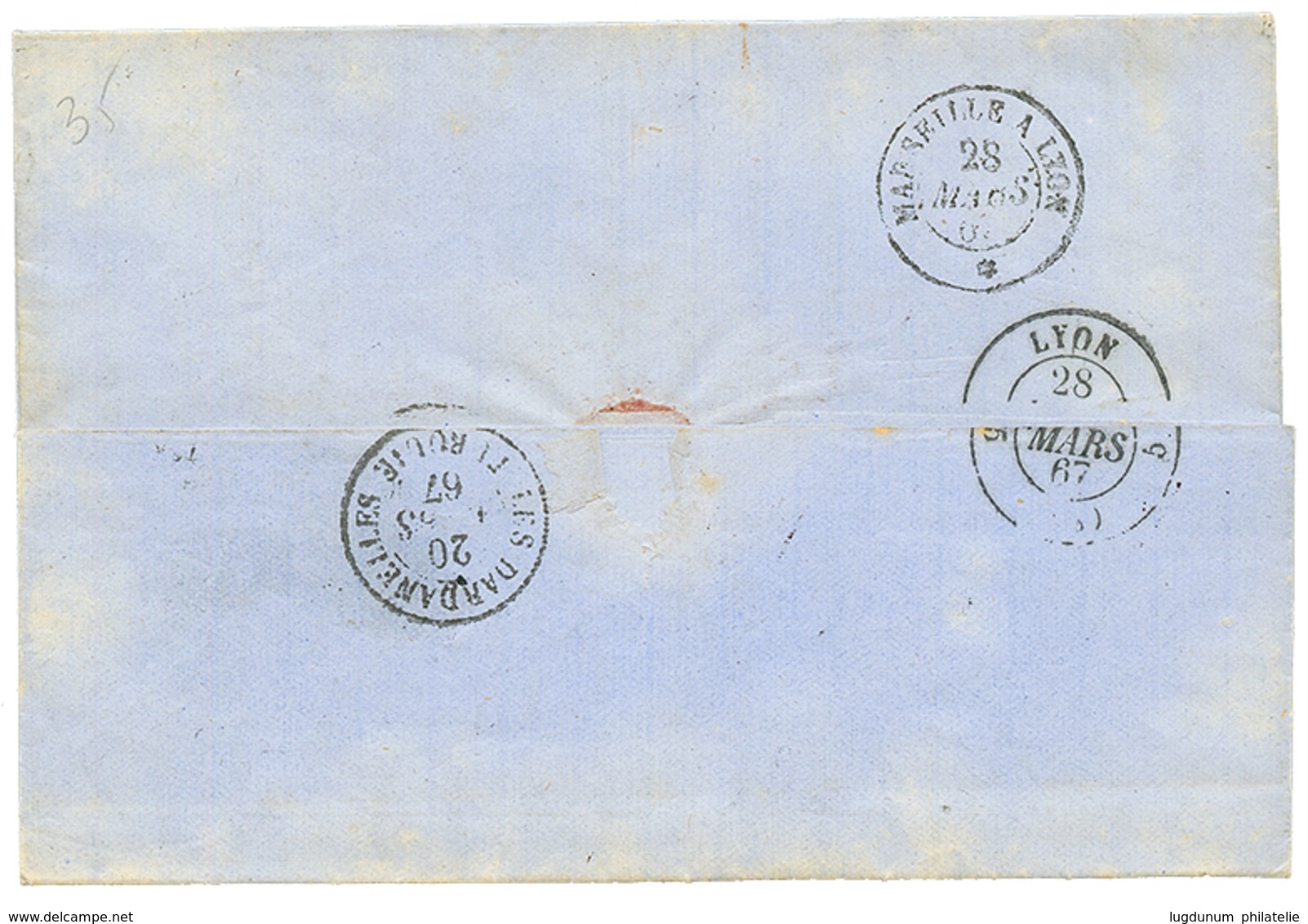1867 40c Obl. GC 5084 + Marque Manuscrite "CHELIFF" Sur Lettre Avec Texte De SALONIQUE Pour LYON. Verso, DARDANELLES TUR - Autres & Non Classés