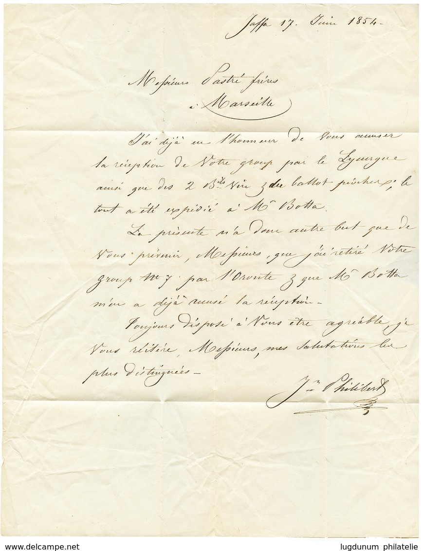 1854 Cursive JAFFA + Taxe 10 Sur Lettre Avec Texte Pour La FRANCE. Trés Rare. Superbe. - Autres & Non Classés