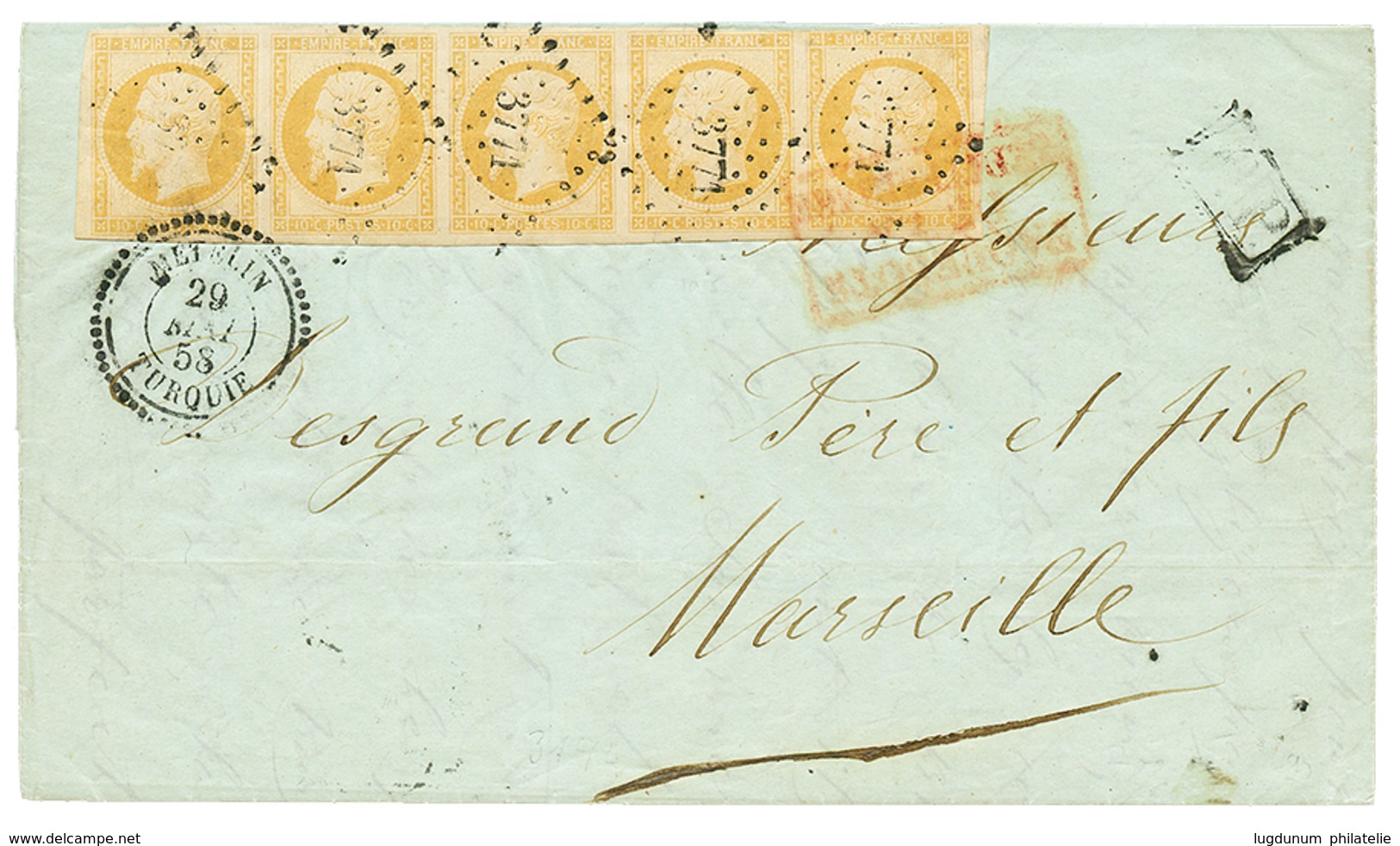 1858 Bande De 5 Du 10c(n°13) Obl. PC 3771 + METELIN TURQUIE Sur Lettre Avec Texte Pour La FRANCE. RARE. Superbe. - Autres & Non Classés