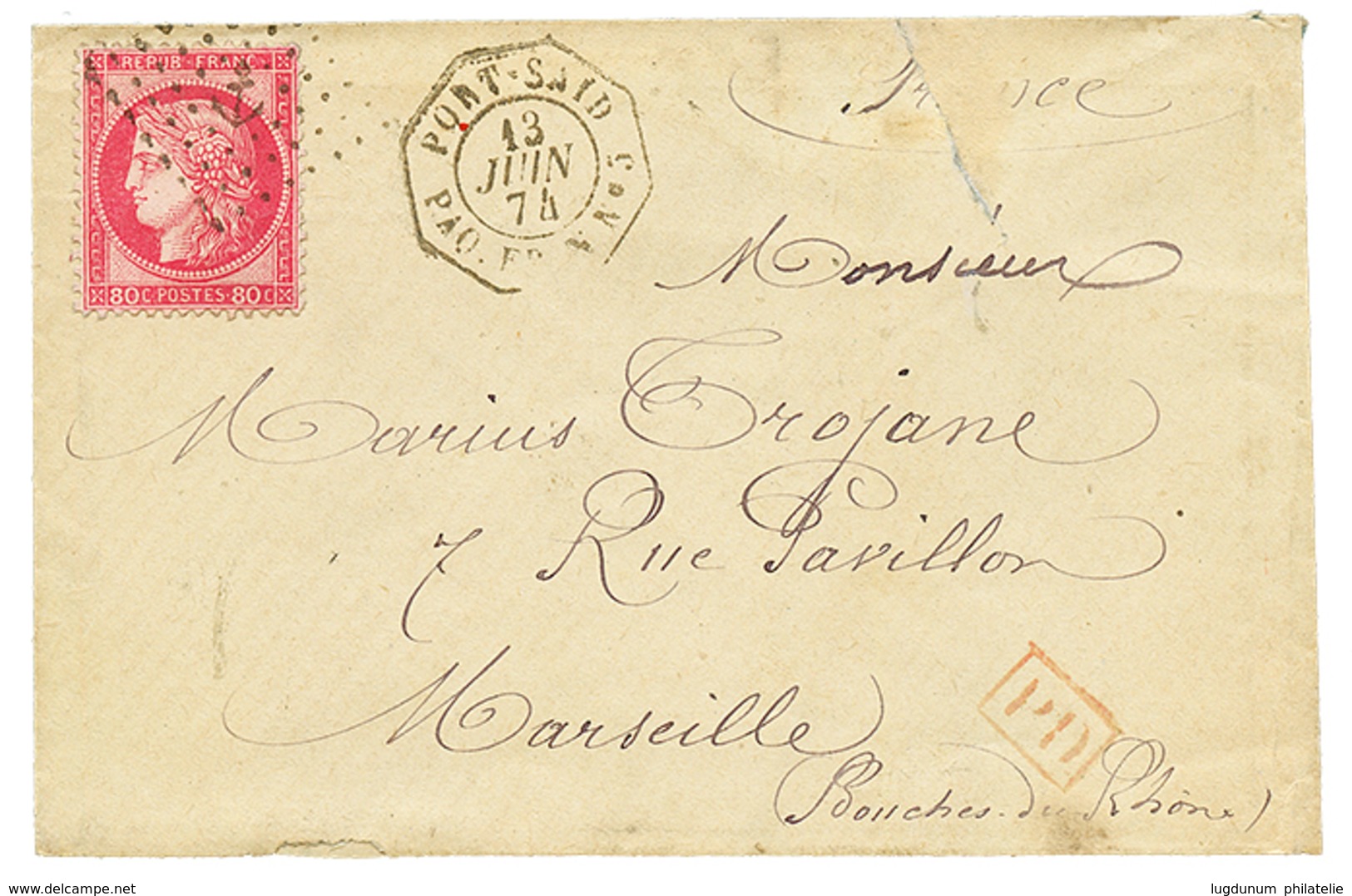 1874 80c CERES Obl. ANCRE + PORT-SAID PAQ FR N N°5 Sur Enveloppe Pour MARSEILLE. Rare. TB. - Andere & Zonder Classificatie