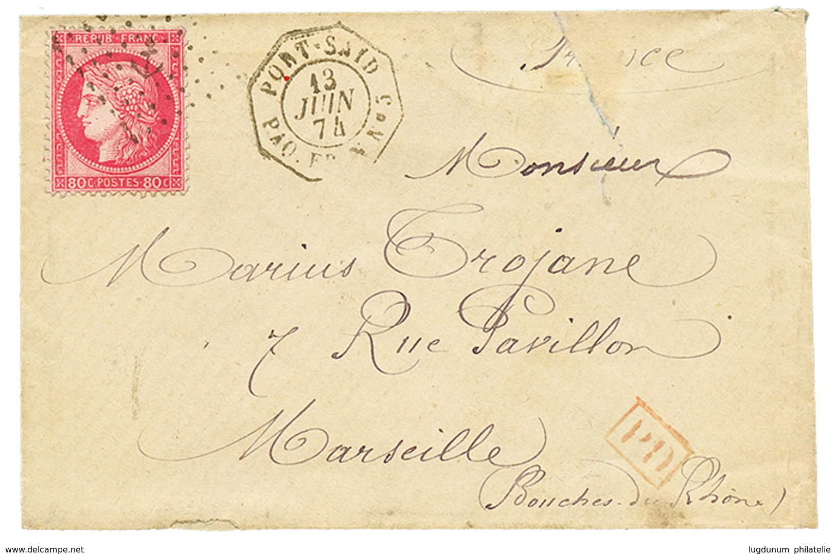 1874 80c CERES Obl. ANCRE + PORT-SAID PAQ FR N N°5 Sur Enveloppe Pour MARSEILLE. Rare. TB. - Autres & Non Classés