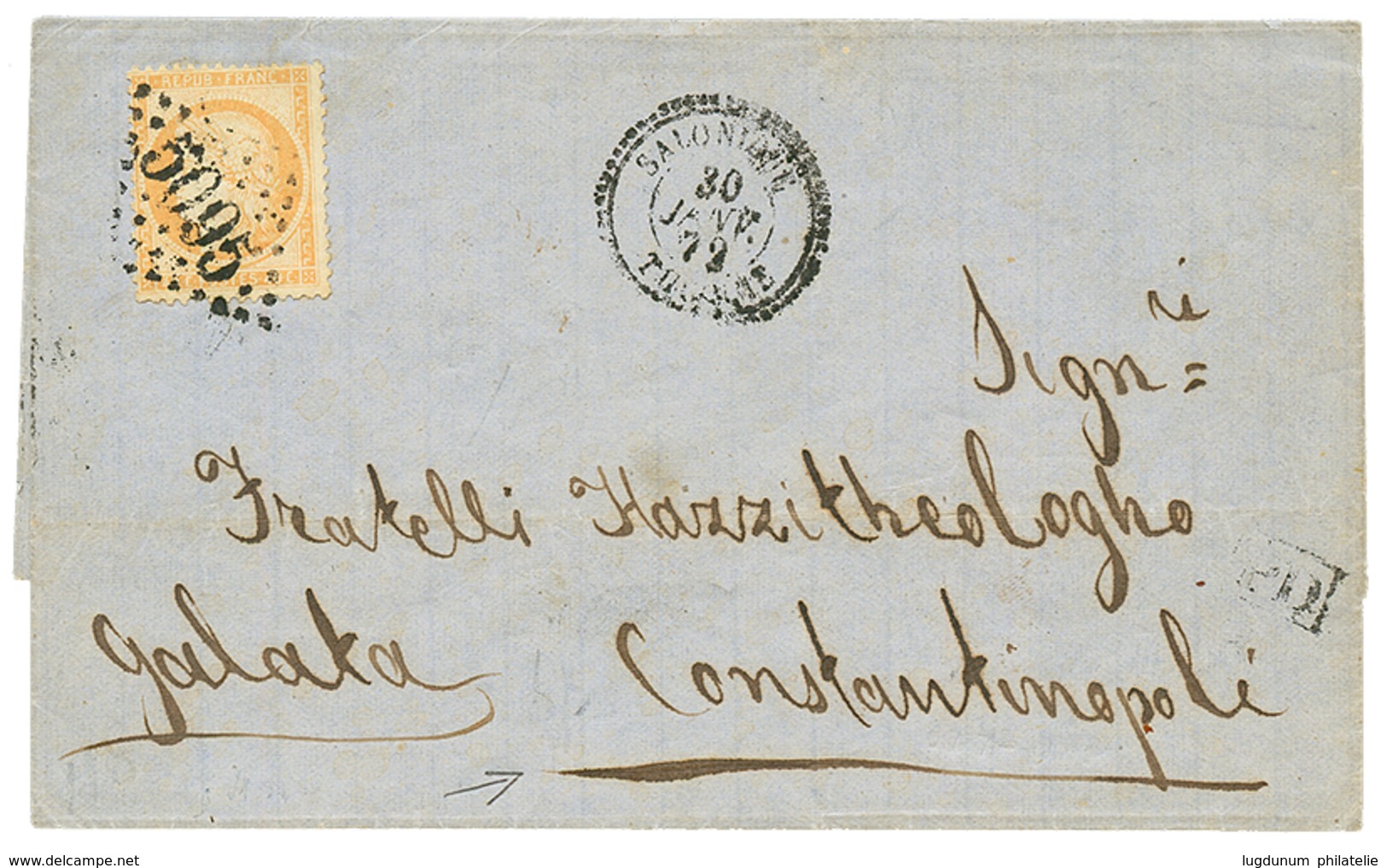 1872 40c SIEGE (n°38) Obl. GC 5095 + SALONIQUE TURQUIE Sur Lettre Pour CONSTANTINOPLE GALATA. TB. - Andere & Zonder Classificatie