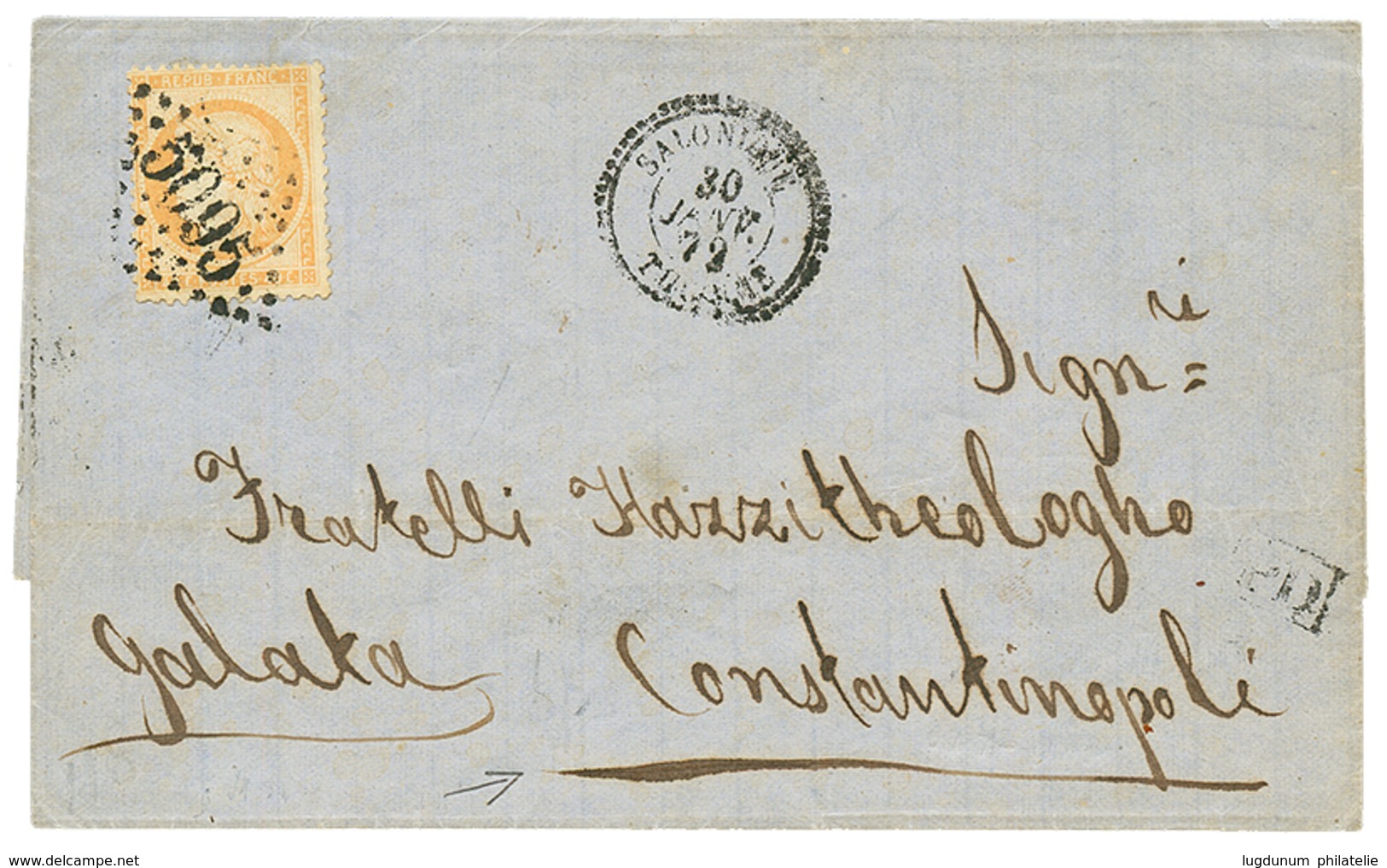 1872 40c SIEGE (n°38) Obl. GC 5095 + SALONIQUE TURQUIE Sur Lettre Pour CONSTANTINOPLE GALATA. TB. - Autres & Non Classés