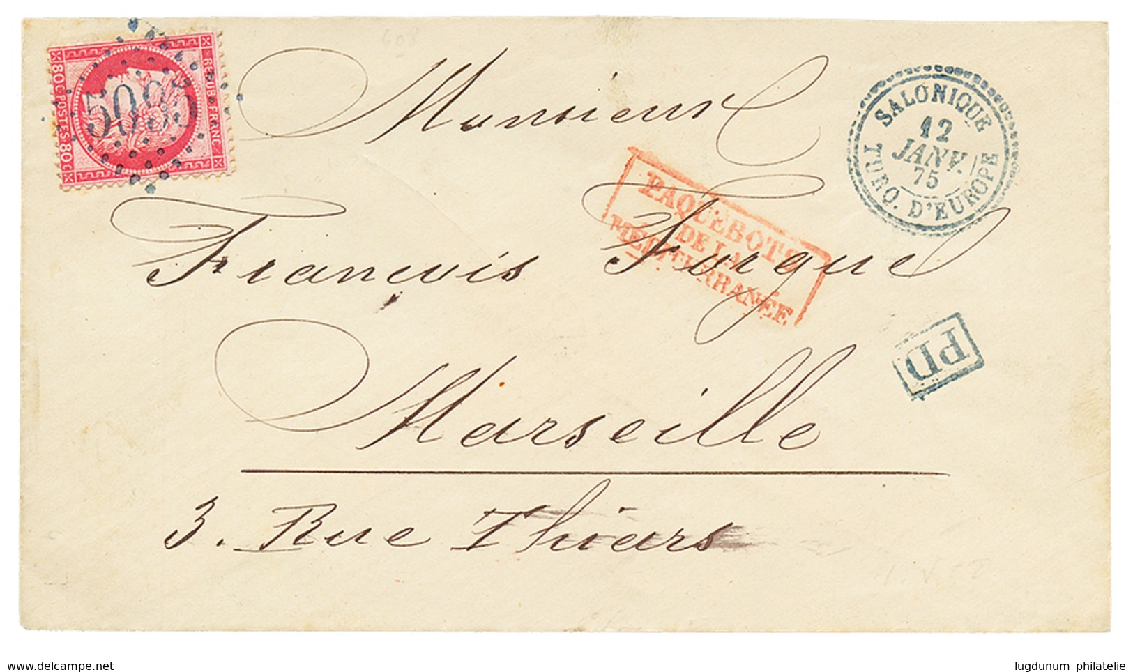 1875 80c CERES Obl. GC 5095 + SALONIQUE TURQ. D' EUROPE Bleu Sur Lettre. Superbe Qualité. - Autres & Non Classés