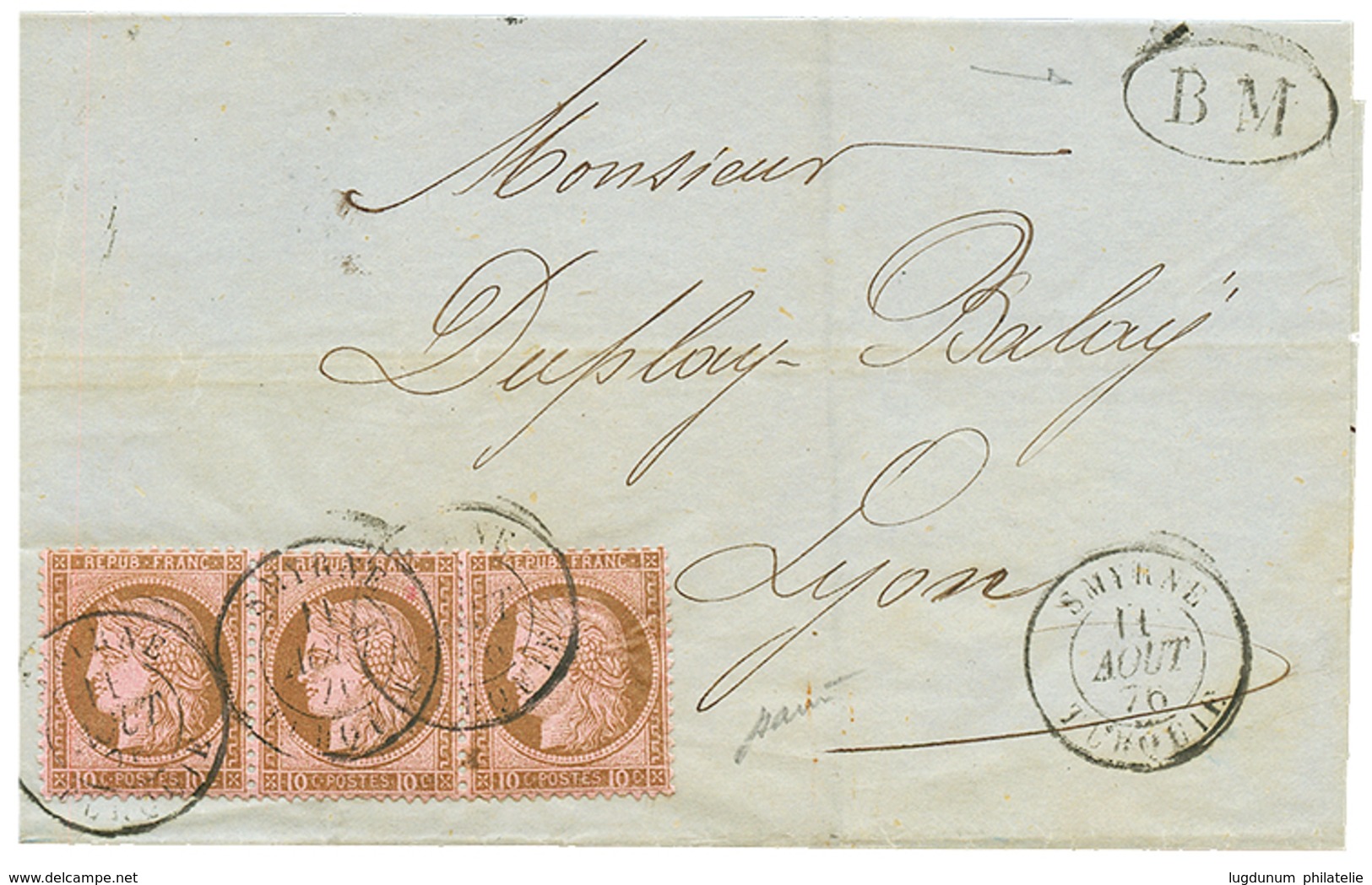 1876 10c CERES Bande De 3 Obl. Cachet à Date SMYRNE TURQUIE + B.M Sur Lettre (ss Texte) Datée CONSTANTINOPLE Pour LYON.  - Autres & Non Classés