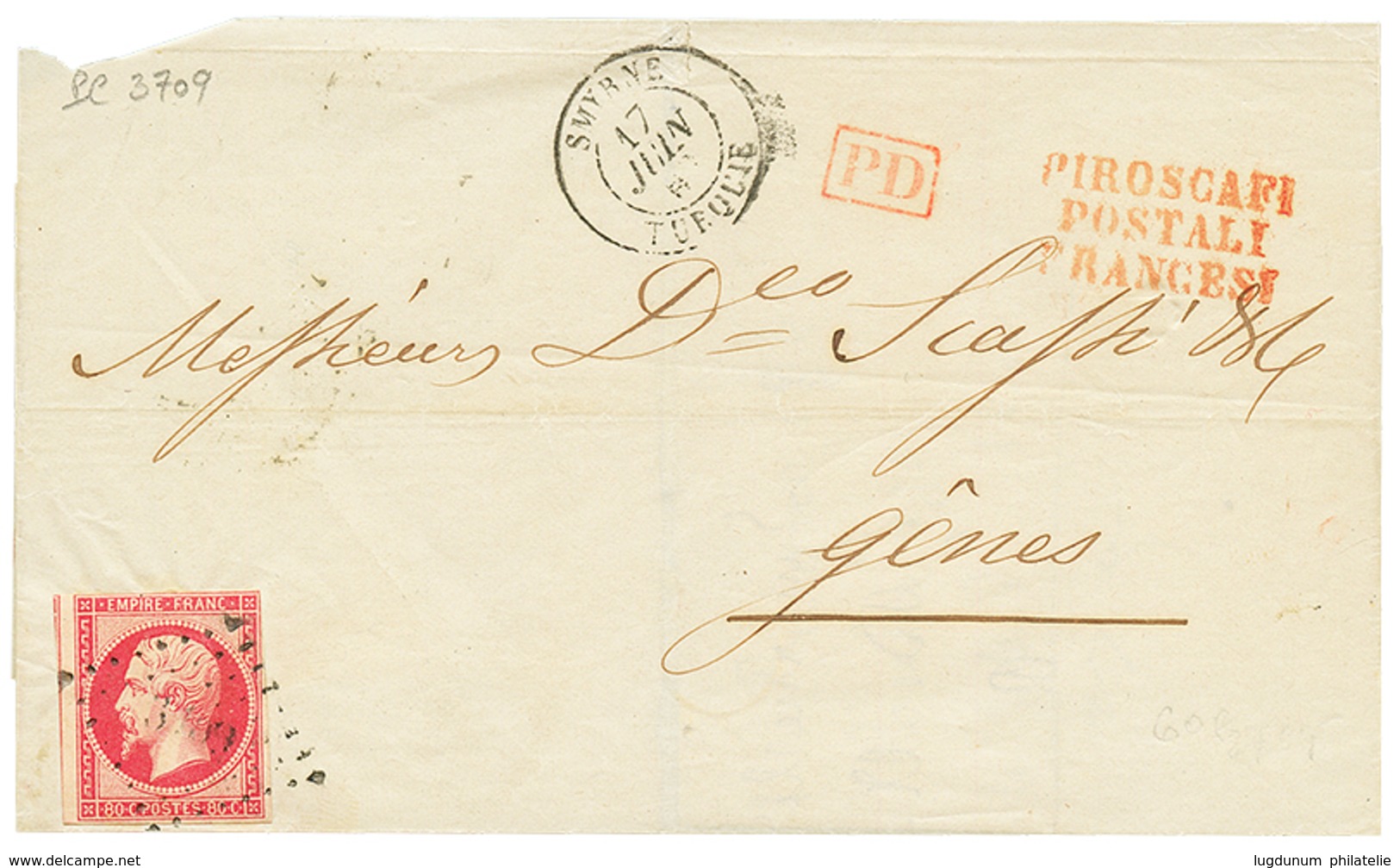 1862 80c(n°17) Obl. PC 3709 + SMYRNE TURQUIE Sur Lettre Pour L' ITALIE. Cote Du PC Sur 80c = 600€. TB. - Autres & Non Classés