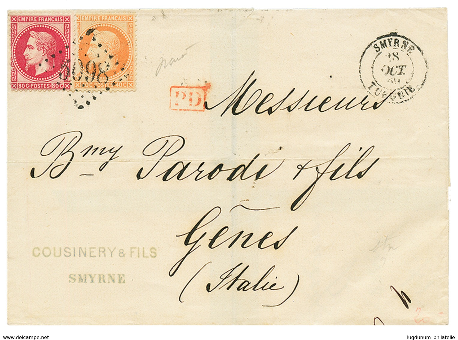 1869 40c(def) + 80c Obl. GC 5098 + SMYRNE TURQUIE Sur Lettre Pour L' ITALIE. TTB. - Autres & Non Classés