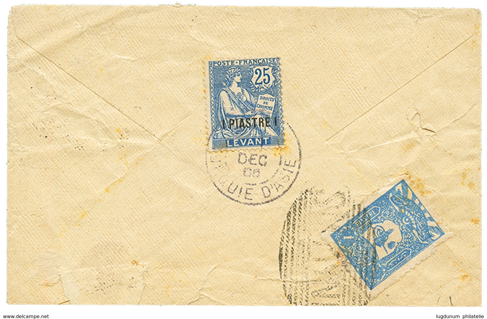 1905 MIXTE LEVANT 1p S/ 25c Obl. SMYRNE TURQUIE D' ASIE + TURQUIE 1P Obl. SMIRNE Au Verso D'une Enveloppe Pour DAMAS SYR - Autres & Non Classés