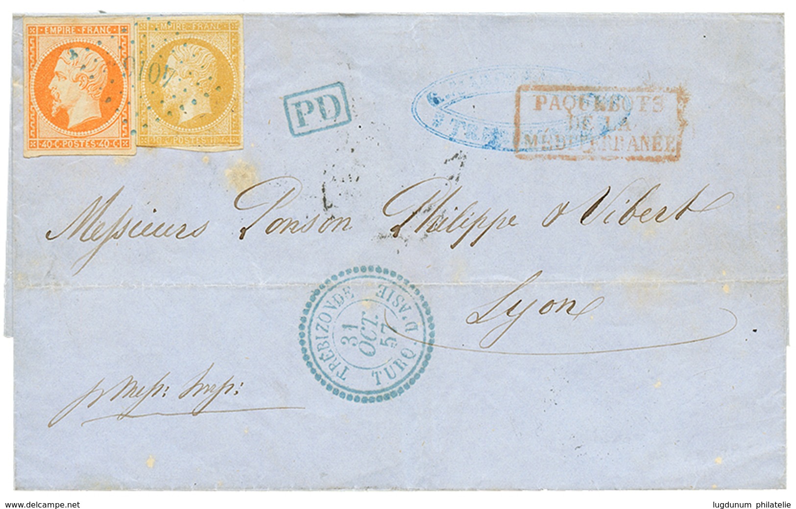 185710c(pd) + 40c(n°16) Obl. Superbe PC 1016 + TREBIZONDE TURQ. D' ASIE, Pour LYON. Superbe. - Autres & Non Classés