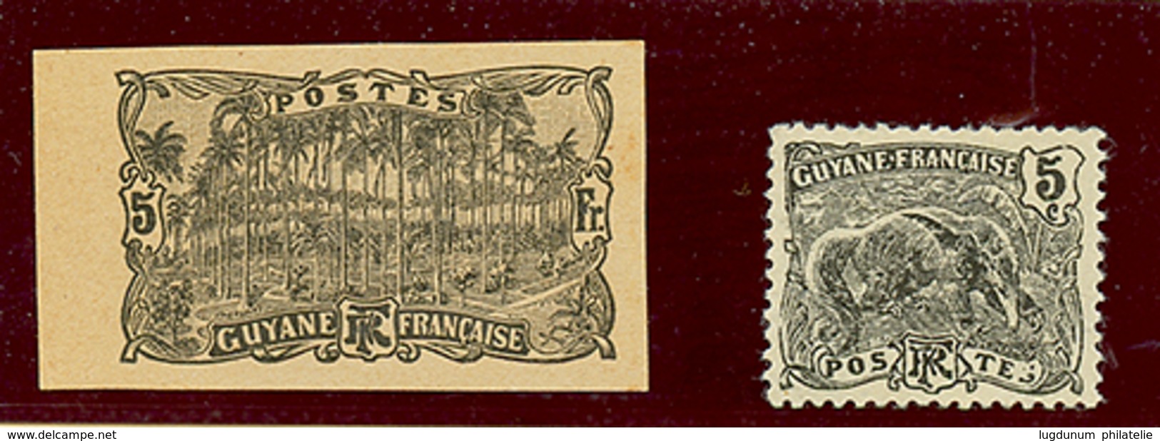 GUYANE : 5c ESSAI En Noir + 5F NON DENTELE. Superbe. - Autres & Non Classés