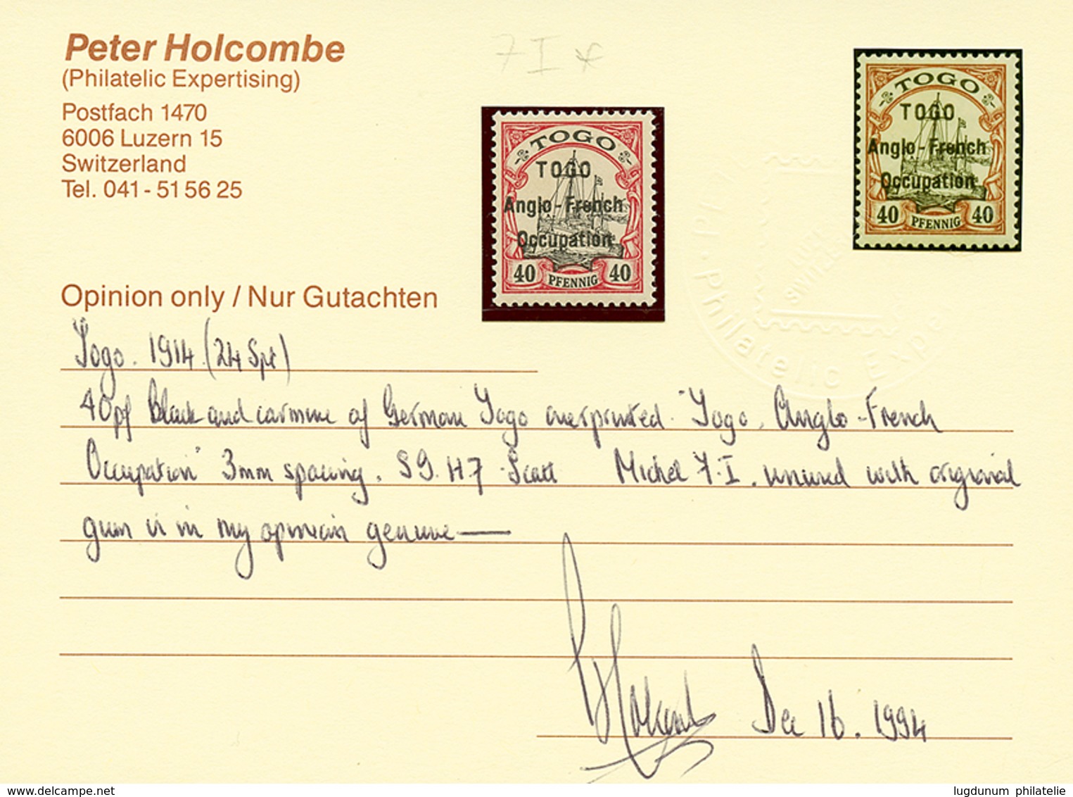 TOGO ANGLO-FRENCH OCCUPATION 40pf(n°38) Neuf * Trace De Charnière Trés Légère. Cote 750€. Certificat HOLCOMBE (1994) & S - Autres & Non Classés