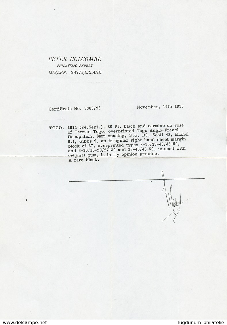 TOGO - ANGLO FRENCH OCCUPATION 80pf(n°40) Neuf Sans Charnière **. Ce Timbre Provient D'un Bloc De 37 (CERTIFICAT HOLCOMB - Otros & Sin Clasificación