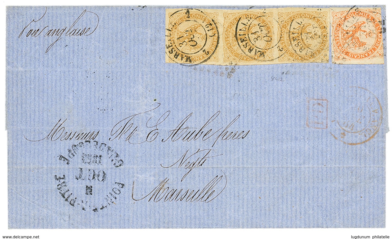 GUADELOUPE : 1864 AIGLE 10c(x3) + 40c Obl. Cachet à Date MARSEILLE Sur Lettre De POINTE A PITRE Pour MARSEILLE. RARE. TB - Autres & Non Classés