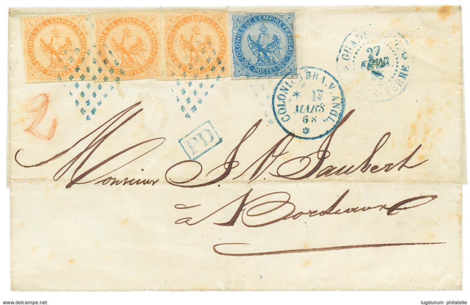 GUADELOUPE : 1868 AIGLE 20c + 40c(x3) Sur Lettre De BASSE-TERRE Pour BORDEAUX. Affrt Rare. TTB. - Autres & Non Classés