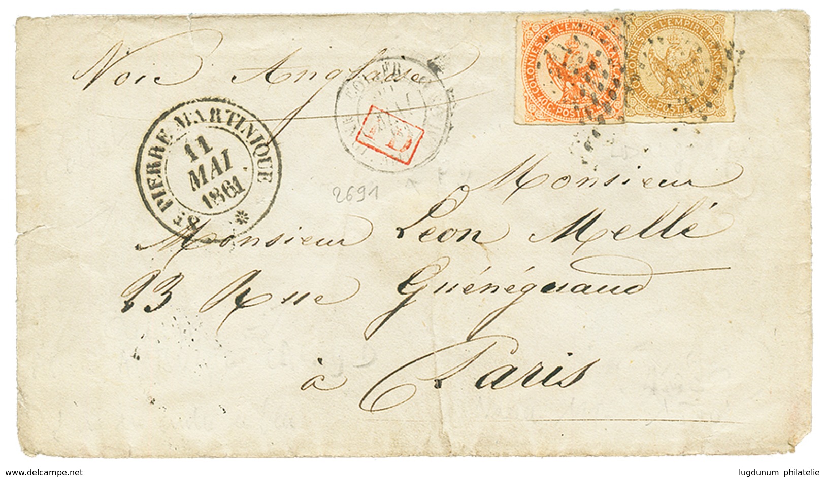 MARTINIQUE : 1861 AIGLE 10c + 40c Obl. Losange De Pts + ST PIERRE MARTINIQUE Sur Lettre Pour PARIS. TB Date. TB. - Autres & Non Classés