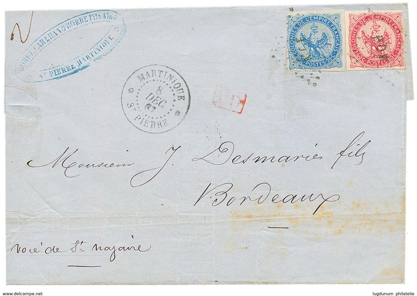 MARTINIQUE : 1867 AIGLE 20c + 80c Obl. MQE + MARTINIQUE ST PIERRE Sur Lettre(pd) Pour La FRANCE. TB. - Autres & Non Classés