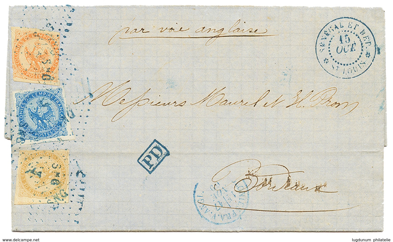 SENEGAL : 1869 AIGLE 10c + 20c + 40c(def) Obl. SNG En Bleu Sur Lettre De ST LOUIS Pour La FRANCE. Affrt TRICOLORE Rare A - Autres & Non Classés