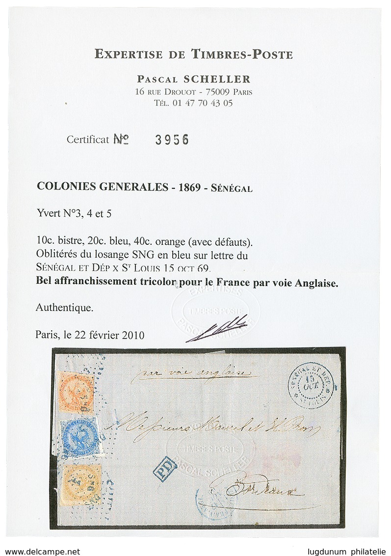 SENEGAL : 1869 AIGLE 10c + 20c + 40c(def) Obl. SNG En Bleu Sur Lettre De ST LOUIS Pour La FRANCE. Affrt TRICOLORE Rare A - Autres & Non Classés