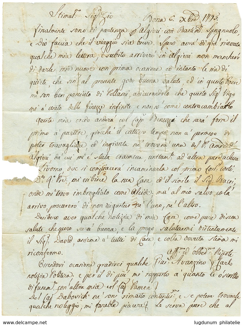 1795 Lettre Avec Entailles De PURIFICATION Datée "BONE" En ALGERIE Pour GENOVA (ITALIE). Rare Avant La Conquête. TB. - Autres & Non Classés