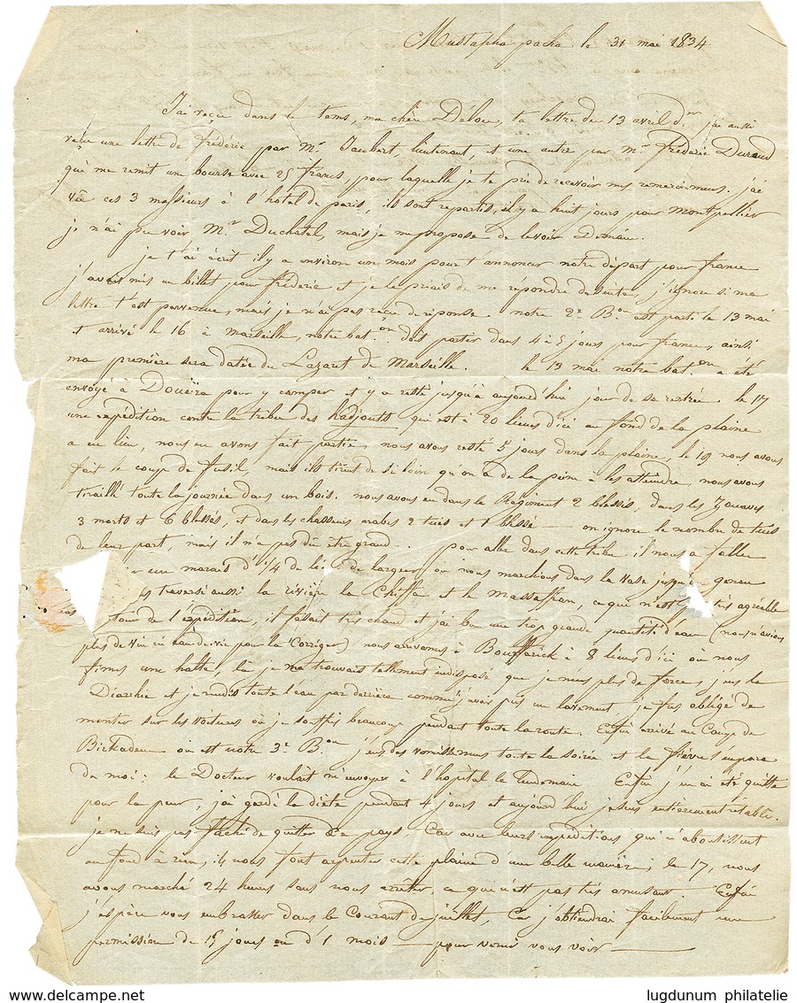 1834 A /ARMEE EXPED./ D' AFRIQUE + PURIFIE A TOULON Rouge (rare Au Recto) Sur Lettre Avec Texte Daté "MUSTAPHA PACHA". T - Andere & Zonder Classificatie