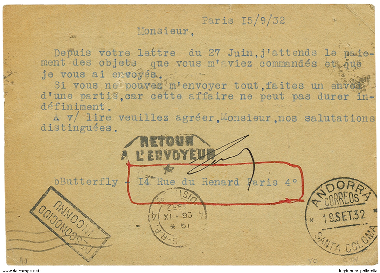 1932 FRANCE Entier 40c Pd Pour ANDORRE Redirigé à PARIS Avec Cachet Rare RETOUR A L' ENVOYEUR/ + Cachet Espagnol ANDORRA - Autres & Non Classés