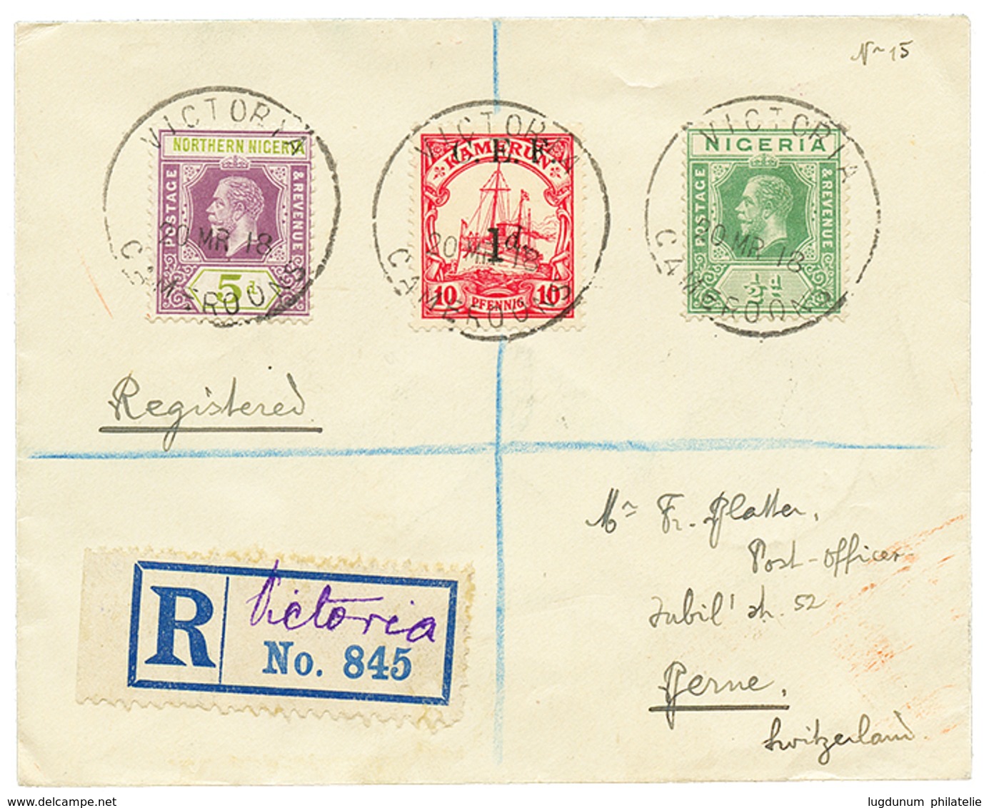 1918 MIXTE CAMEROUN ALL. Surch. C.E.F 1d S/ 10pf + NORTHERN NIGERIA 5d + NIGERIA 1/2d Obl. VICTORIA CAMEROONS Sur Envelo - Autres & Non Classés