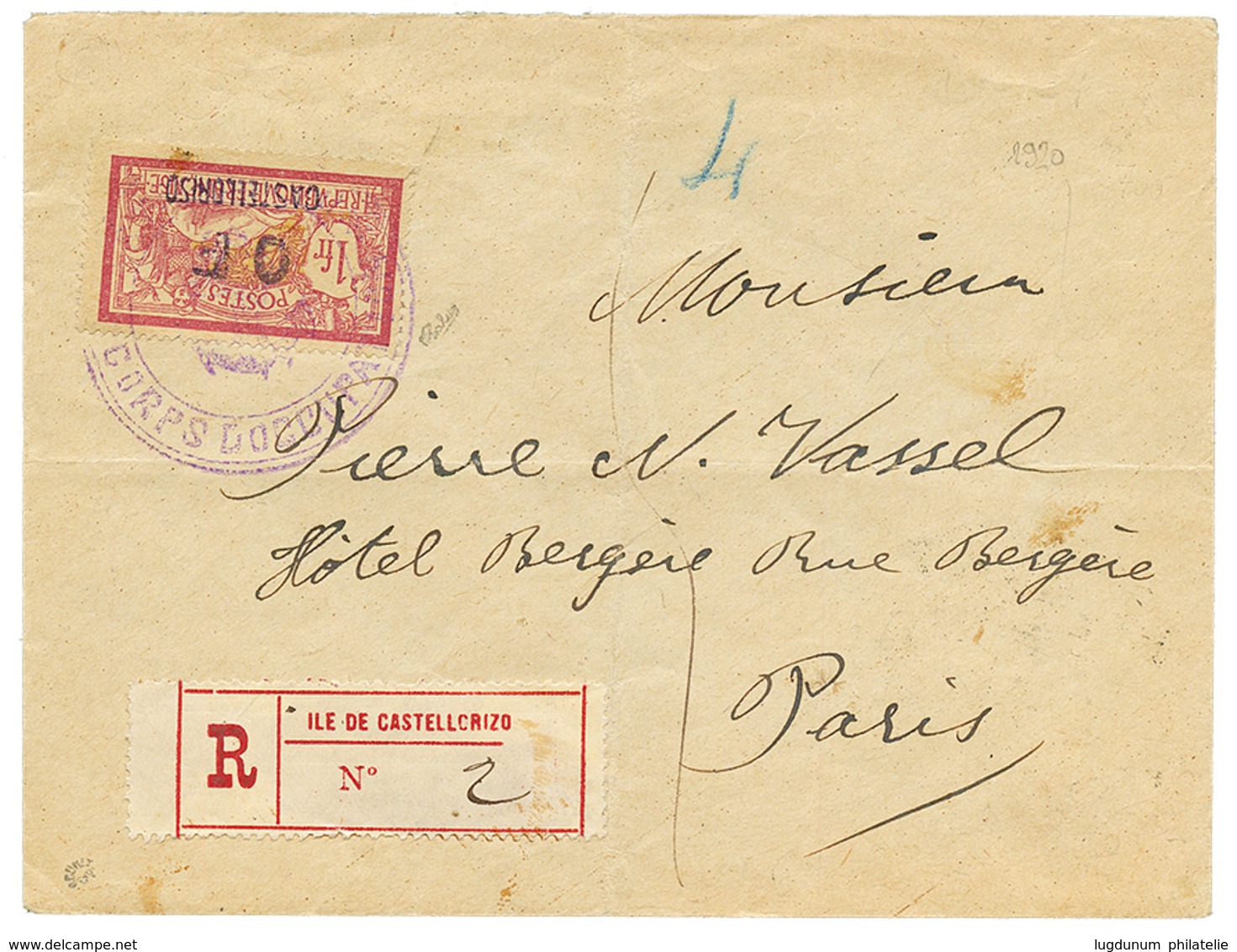 1920 1F(n°42) Sur Lettre RECOMMANDEE De CASTELLORIZO Pour PARIS. Timbres Trés Rare Sur Lettre ( Cote Détaché = 1200€). S - Otros & Sin Clasificación