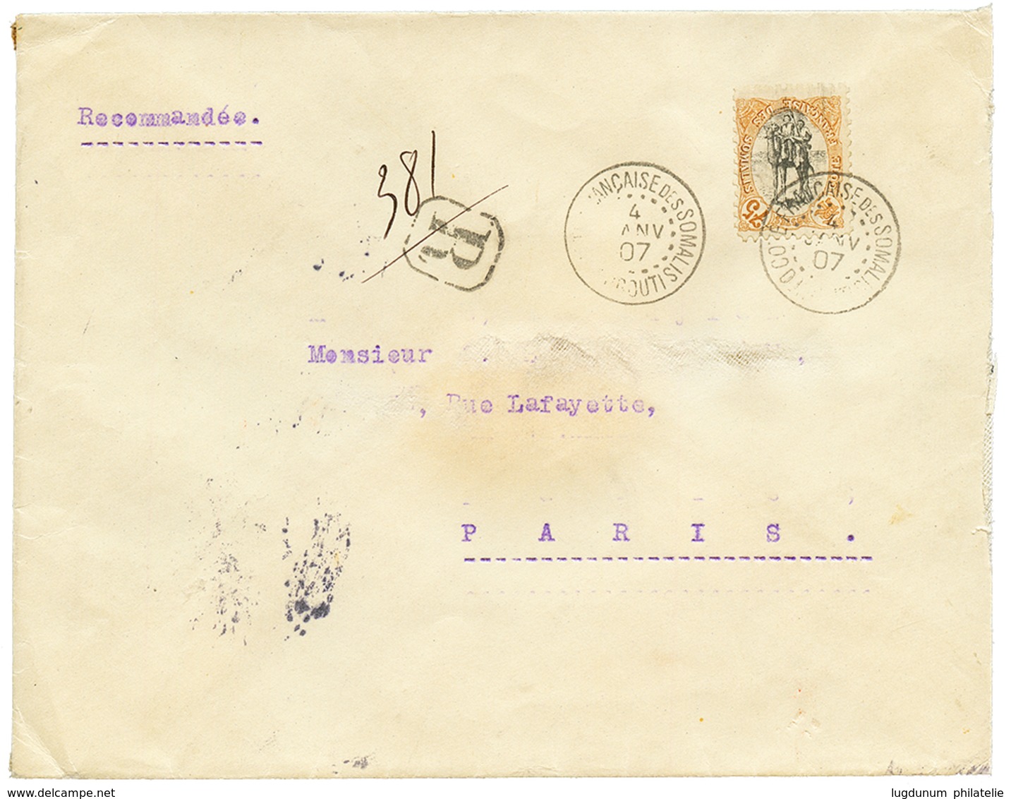 "CENTRE RENVERSE" : 1907 75c Avec Variété CENTRE RENVERSE Sur Env. De DJIBOUTI Pour PARIS (arrivée Au Verso). VARIETE Ra - Andere & Zonder Classificatie