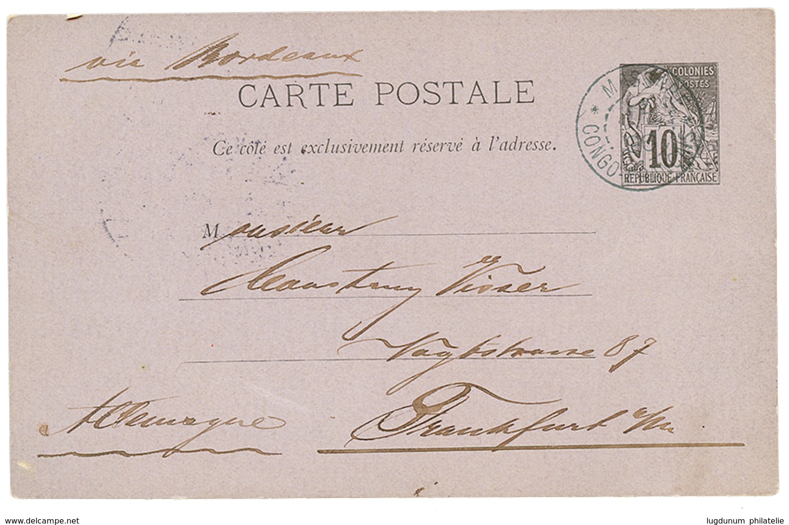 "MASSABE - PRECURSEUR" : 1896 COLONIES GENERALES Entier 10c Obl. MASSABE Pour L' ALLEMAGNE. TB. - Autres & Non Classés