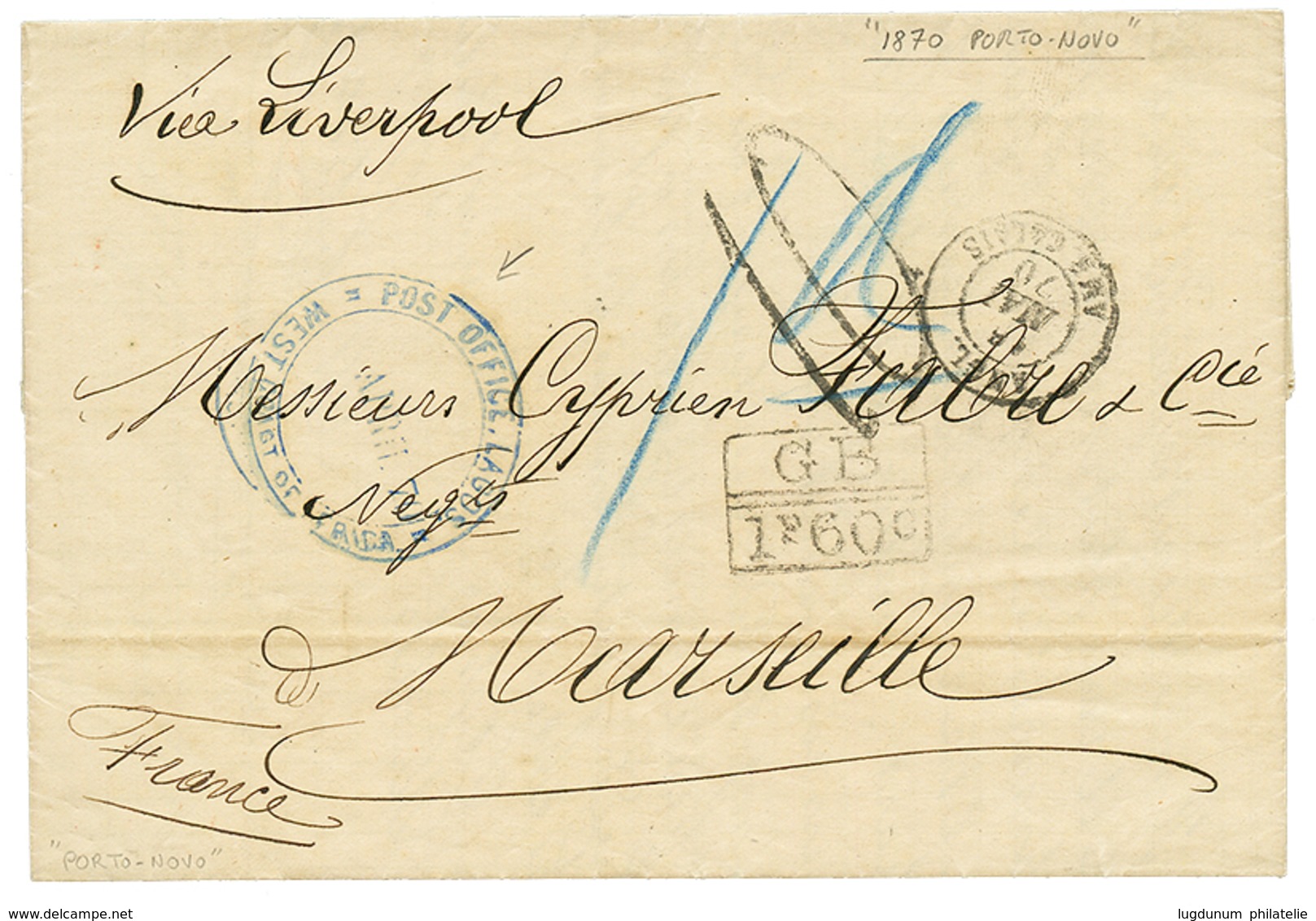 DAHOMEY - PRECURSEUR Via LAGOS : 1870 GB/ 1F60 + Taxe 10 + Cachet Anglais Trés Rare POST OFFICE LAGOS WEST COAST OF AFRI - Autres & Non Classés