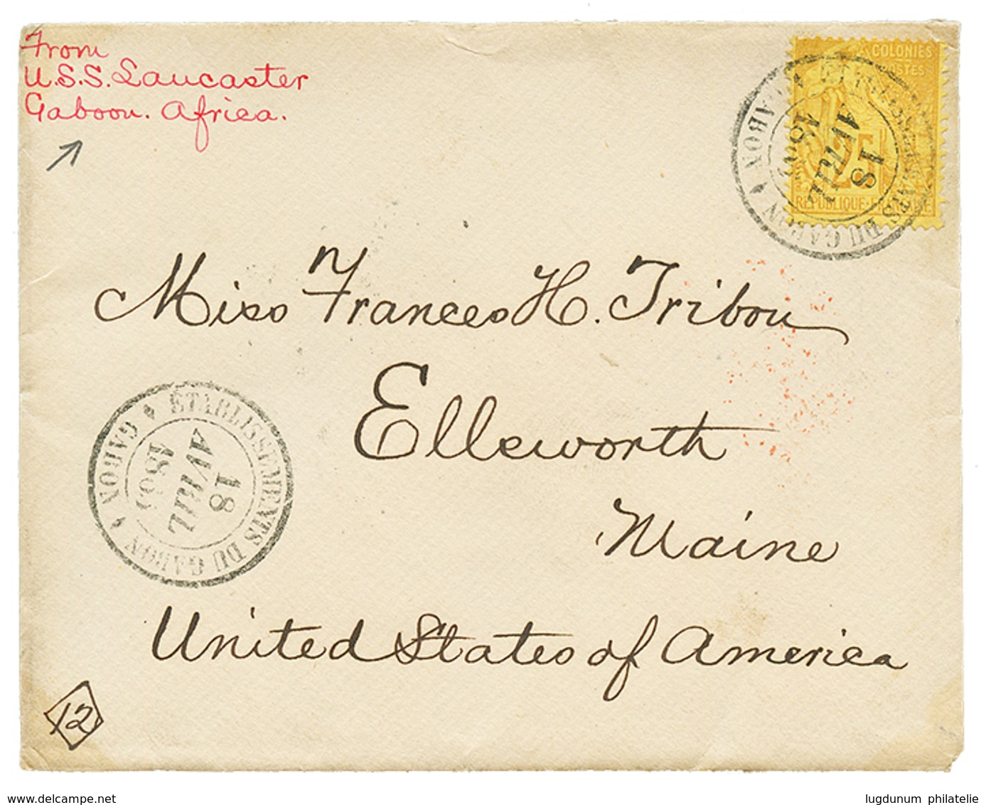 "Navire AMERICAIN U.S.S LANCASTER Au GABON " : 1885 COLONIES GENERALES 25c Obl. Cachet Rare ETABLISSEMENTS DU GABON GABO - Autres & Non Classés