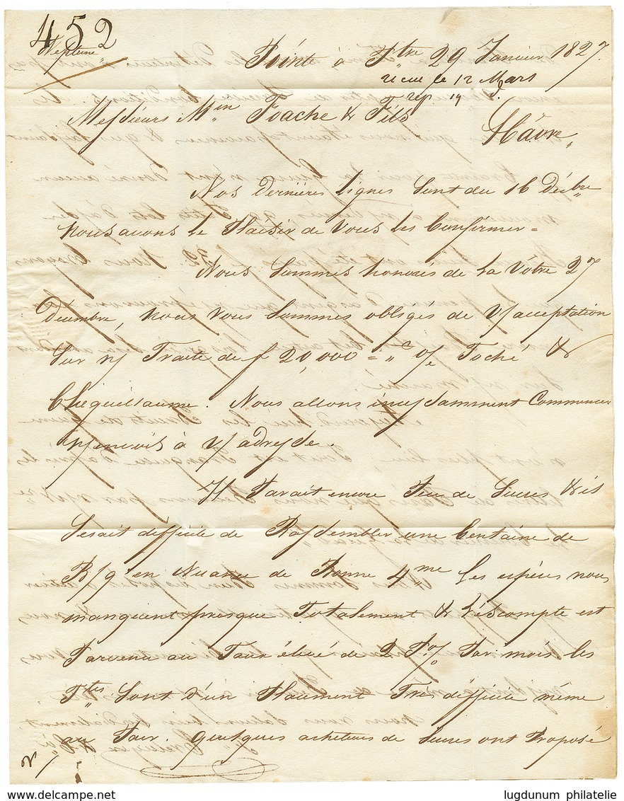 1827 BASSE TERRE GUADELOUPE + COLONIES PAR LE HAVRE Rouge Sur Lettre Avec Texte Pour LE HAVRE. TTB. - Autres & Non Classés