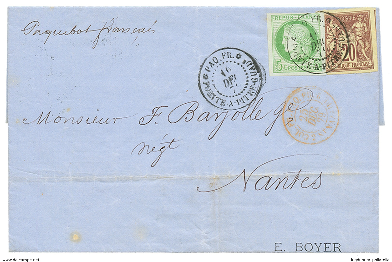 1879 CG 5c CERES + 20c SAGE Obl. PAQ.FR POINTE A PITRE Sur Lettre Pour La FRANCE. Superbe. - Otros & Sin Clasificación