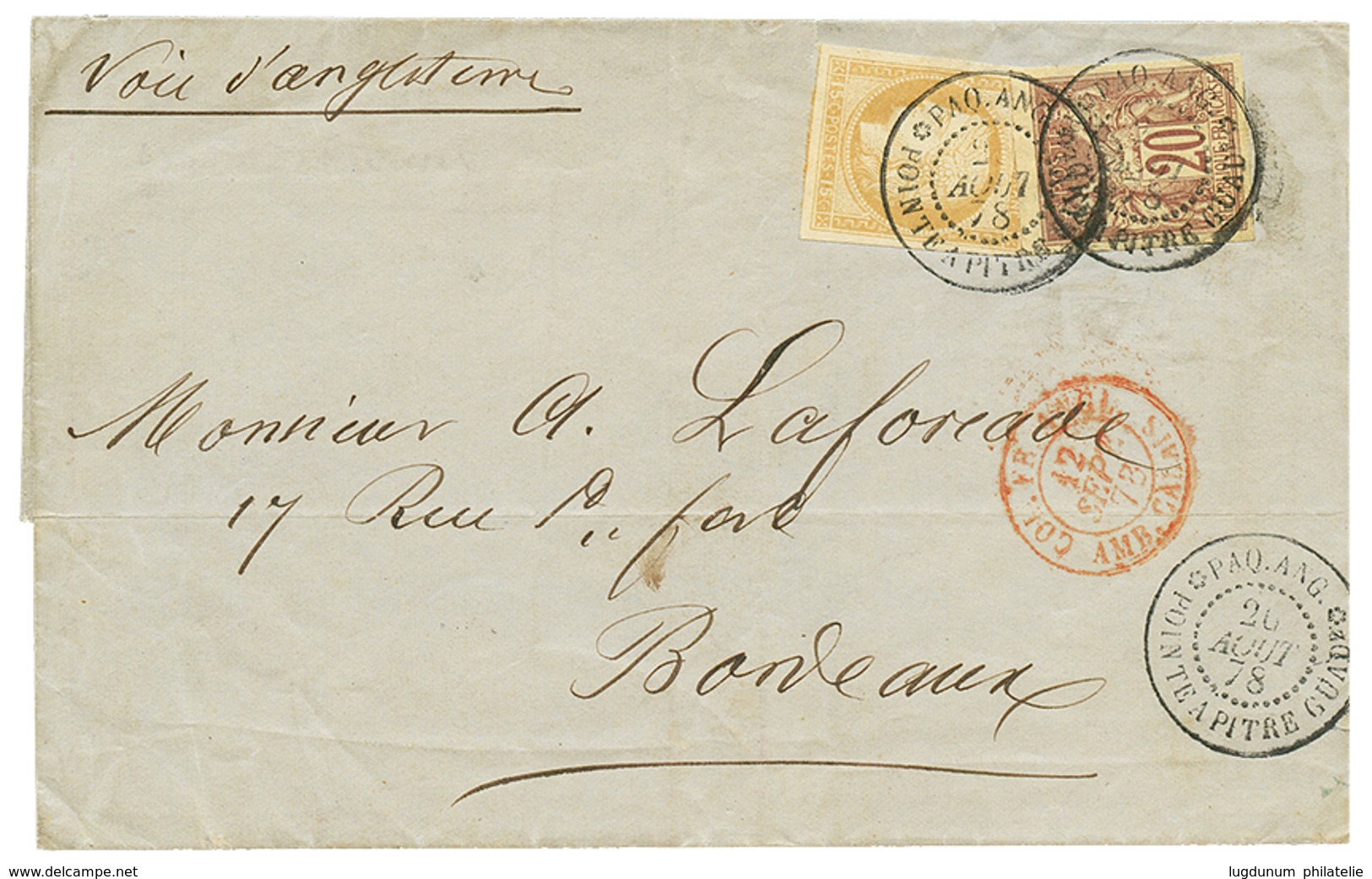 1878 CG 15c CERES (n°19) + 20c SAGE Obl. PAQ.ANG POINTE A PITRE Sur Lettre Pour La FRANCE. Superbe. - Autres & Non Classés