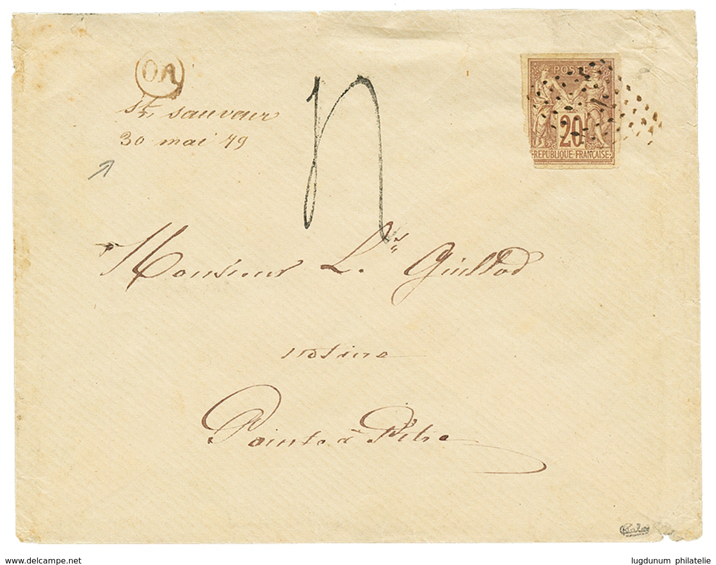 "ST SAUVEUR" : 1879 CG 30c SAGE(pd) + OR + "ST SAUVEUR 30 Mai 79" Manuscrit + Taxe 4 Sur Enveloppe Pour POINTE A PITRE.  - Autres & Non Classés