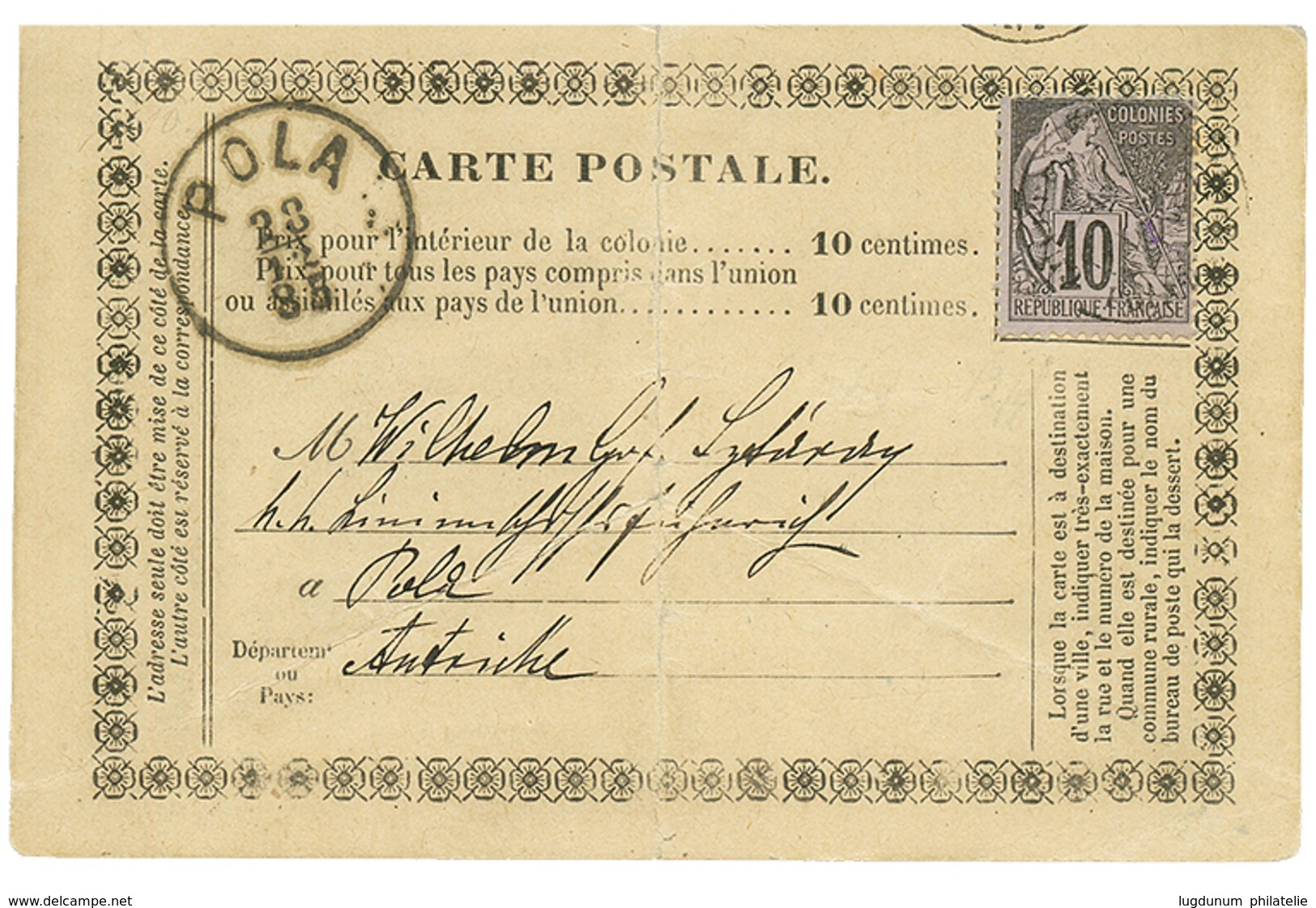 1885 CG 10c Obl. Sur CARTE PRECURSEUR (pli Central) De POINTE A PITRE Pour L' AUTRICHE. Rare. TB. - Autres & Non Classés