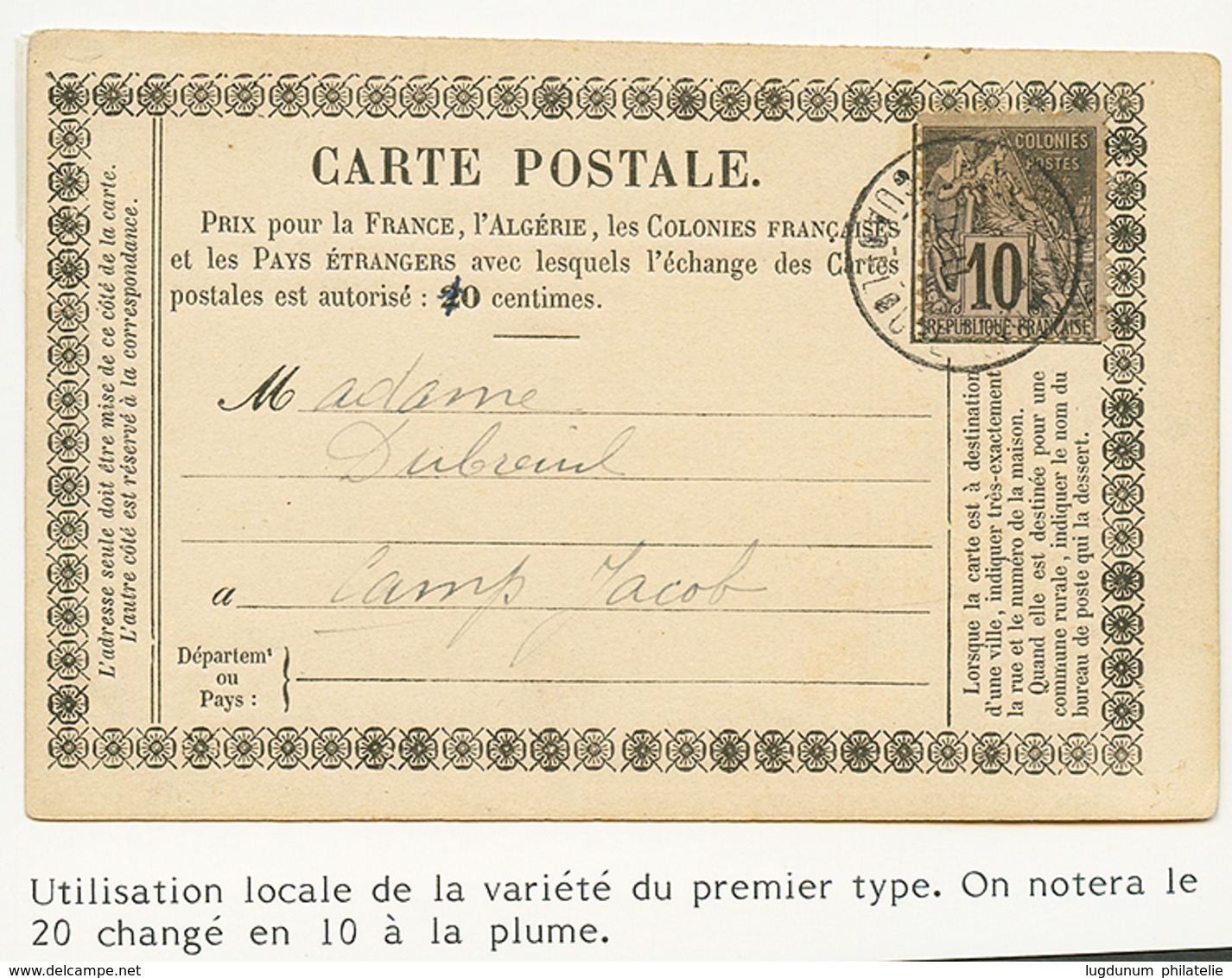 CG 10c Sur CARTE PRECURSEUR (20c Rectifié 10 à La Plume) Pour CAMP JACOB. TB. - Otros & Sin Clasificación