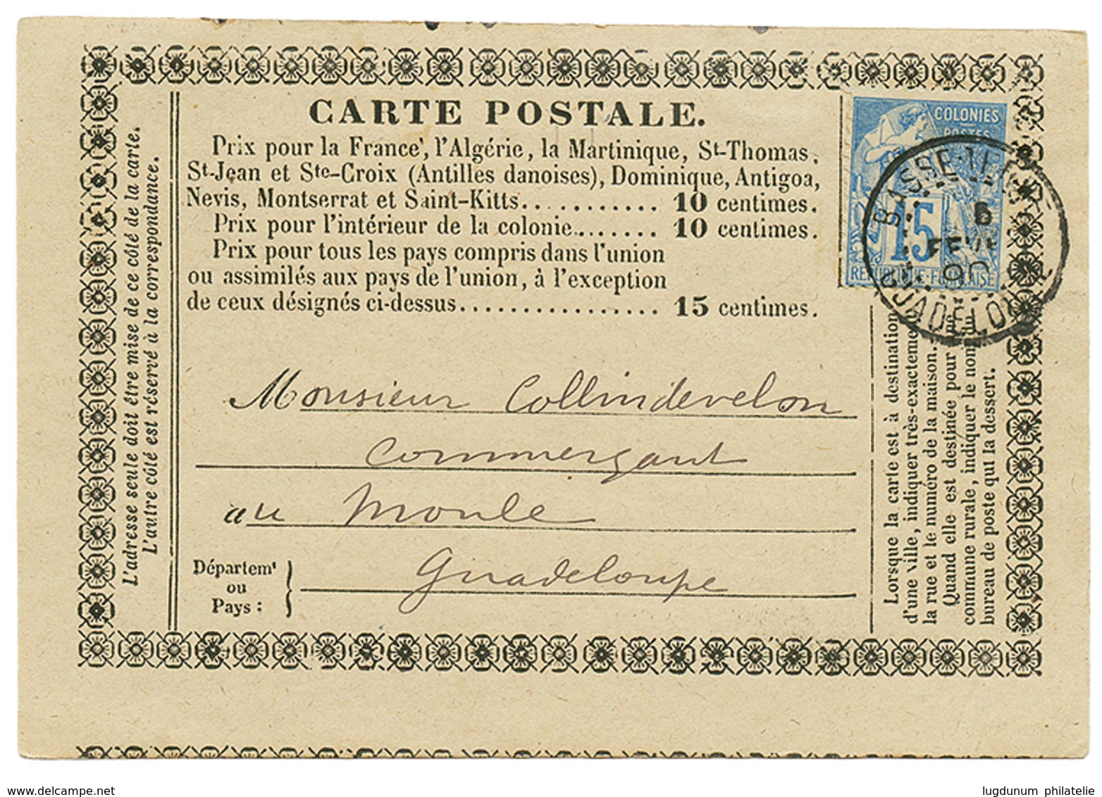 1890 CG 15c Obl. BASSE TERRE GUADELOUPE Sur CARTE PRECURSEUR Pour MOULE. TTB. - Otros & Sin Clasificación