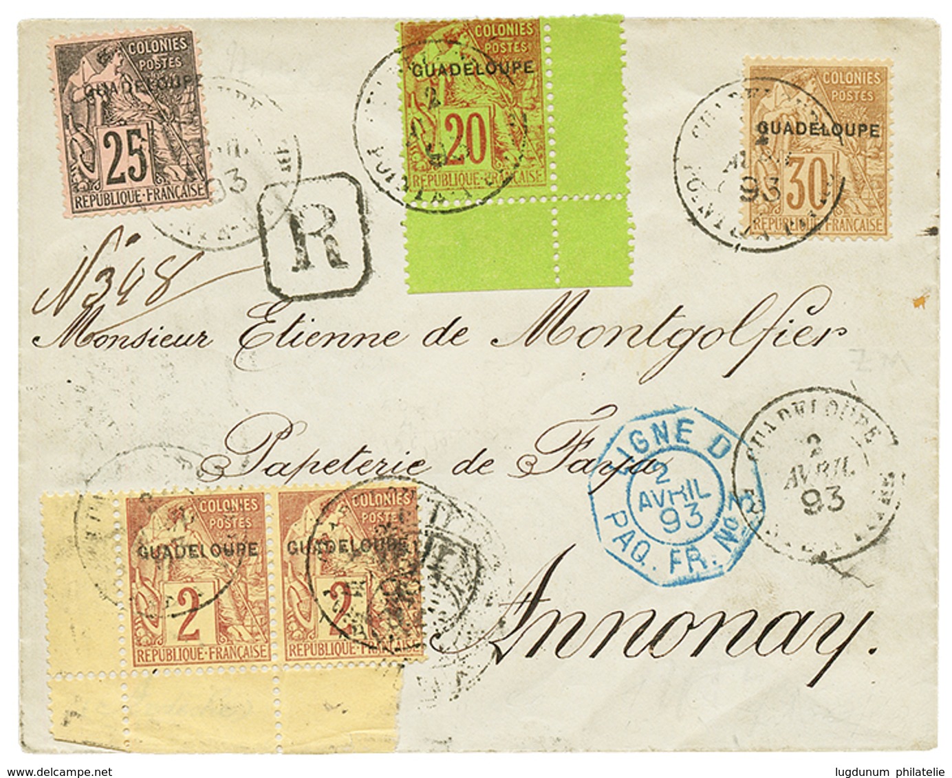 1893 2c(x2) + 20c+ 25c+ 30c Sur Enveloppe RECOMMANDEE Pour La FRANCE. TB. - Autres & Non Classés