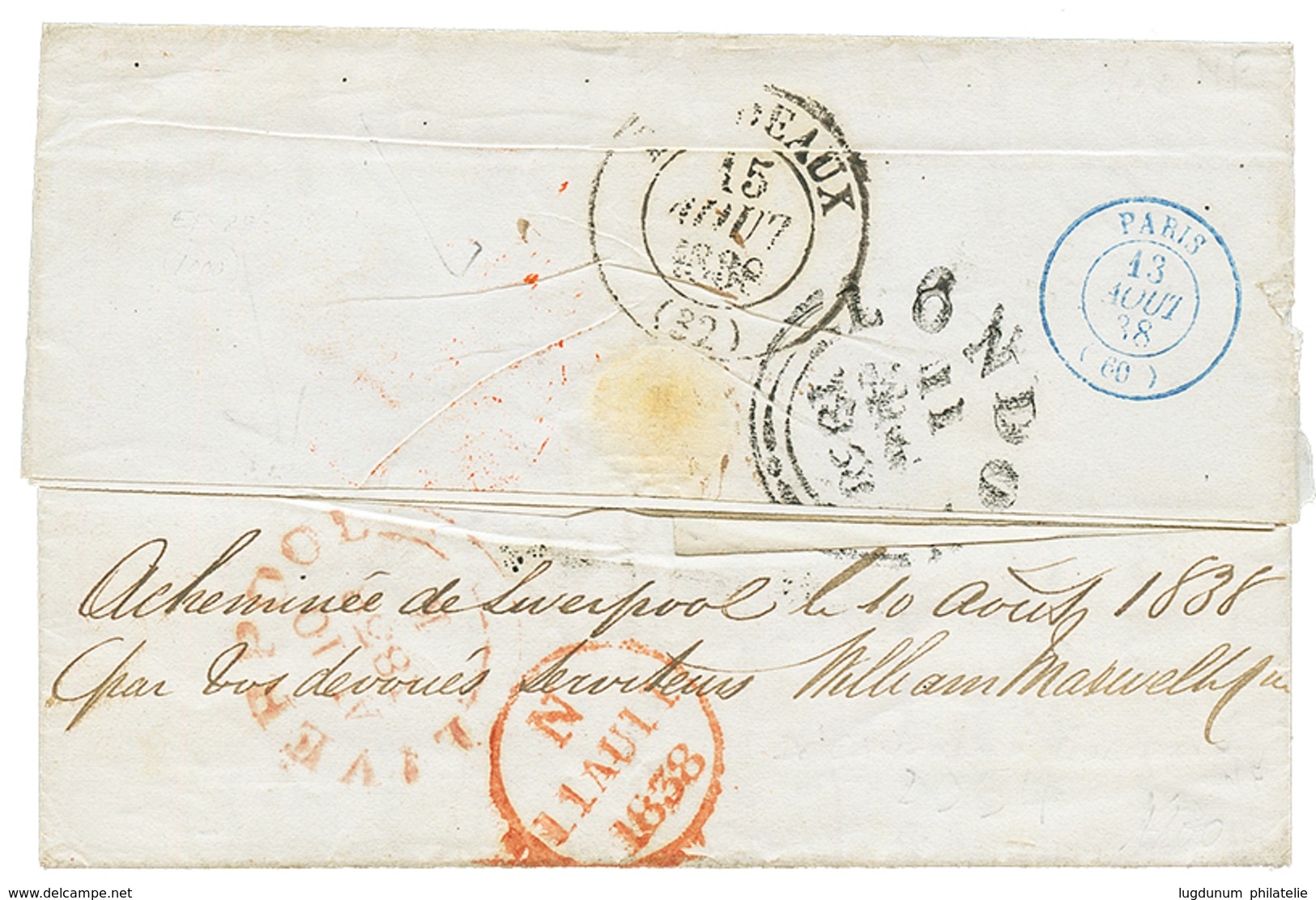 1838 Cachet ANGLETERRE PAR CALAIS Rouge + Taxe "33" Sur Lettre Avec Texte De CAYENNE Pour BORDEAUX. Verso, "ACHEMINE De  - Otros & Sin Clasificación