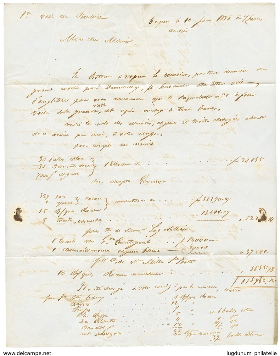 1838 Cachet ANGLETERRE PAR CALAIS Rouge + Taxe "33" Sur Lettre Avec Texte De CAYENNE Pour BORDEAUX. Verso, "ACHEMINE De  - Otros & Sin Clasificación