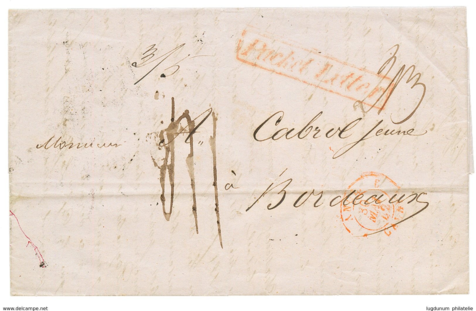 "CAYENNE Via BRITISH GUIANA" : 1842 PACKET LETTER Rouge Sur Lettre Avec Texte De CAYENNE Pour BORDEAUX. Verso, Cachet An - Otros & Sin Clasificación